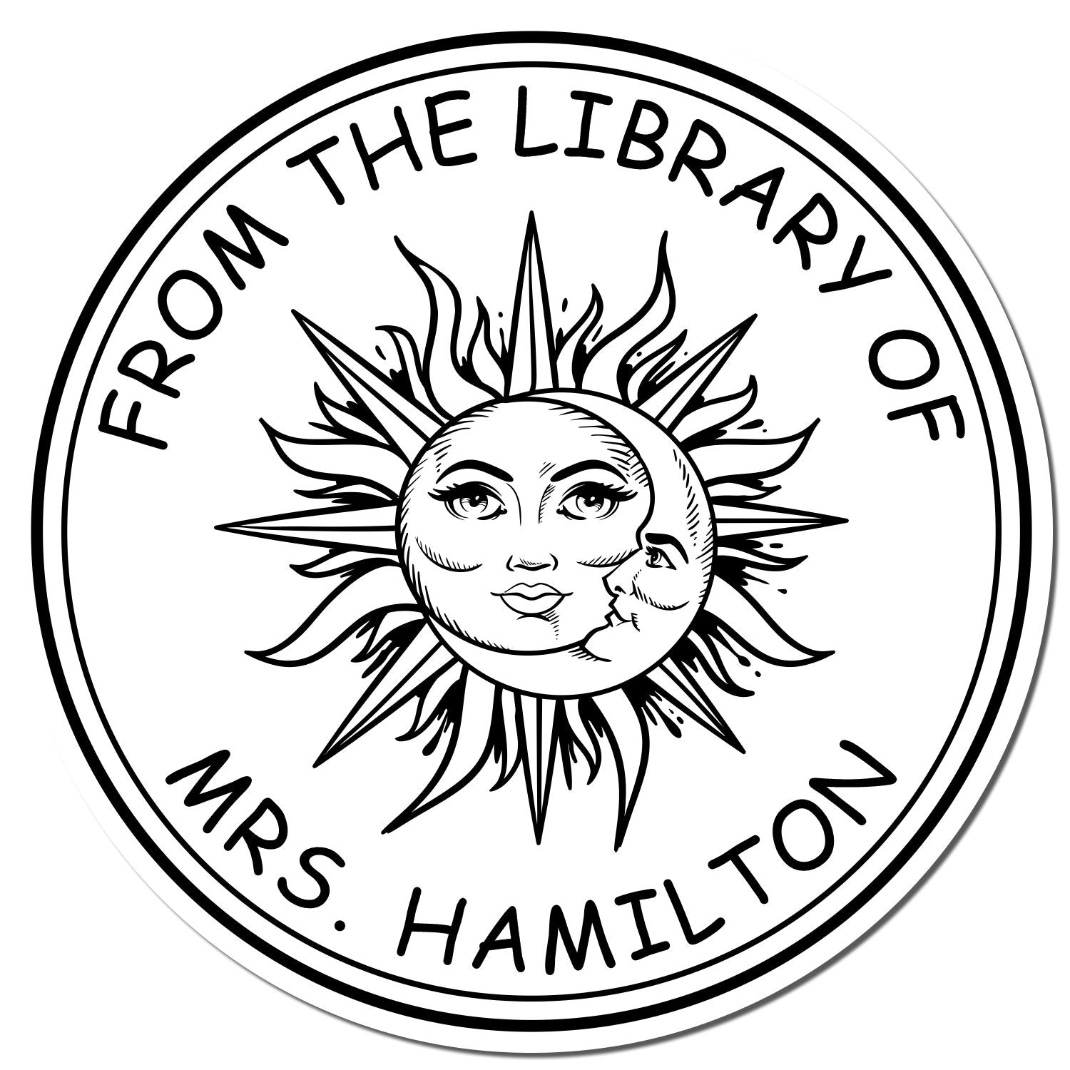 Black-and-white round library stamp seal with sun-and-moon illustration and text From the Library of Mrs. Hamilton.