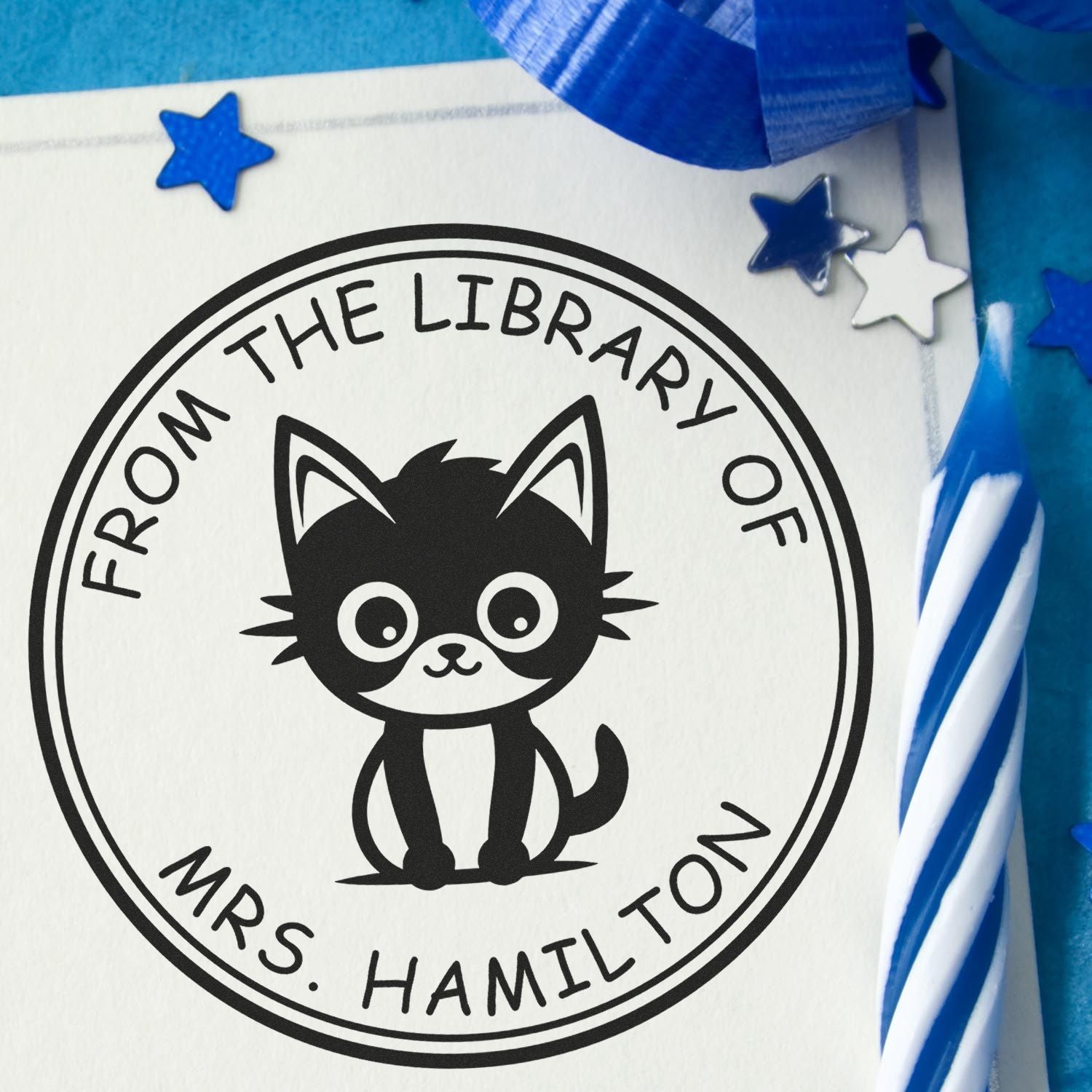 Pre-Inked Playful Kitty Bookplate Stamp - Engineer Seal Stamps