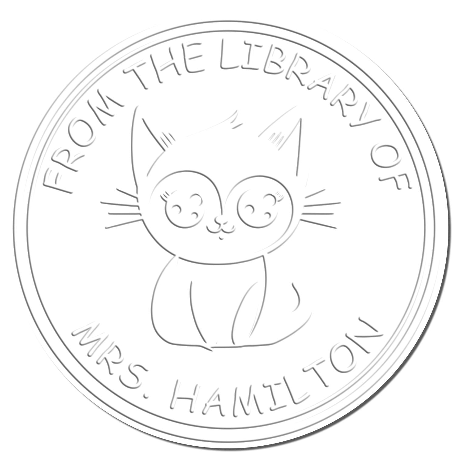 Circular gray embossed library stamp seal with cat and text From the Library of Mrs. Hamilton