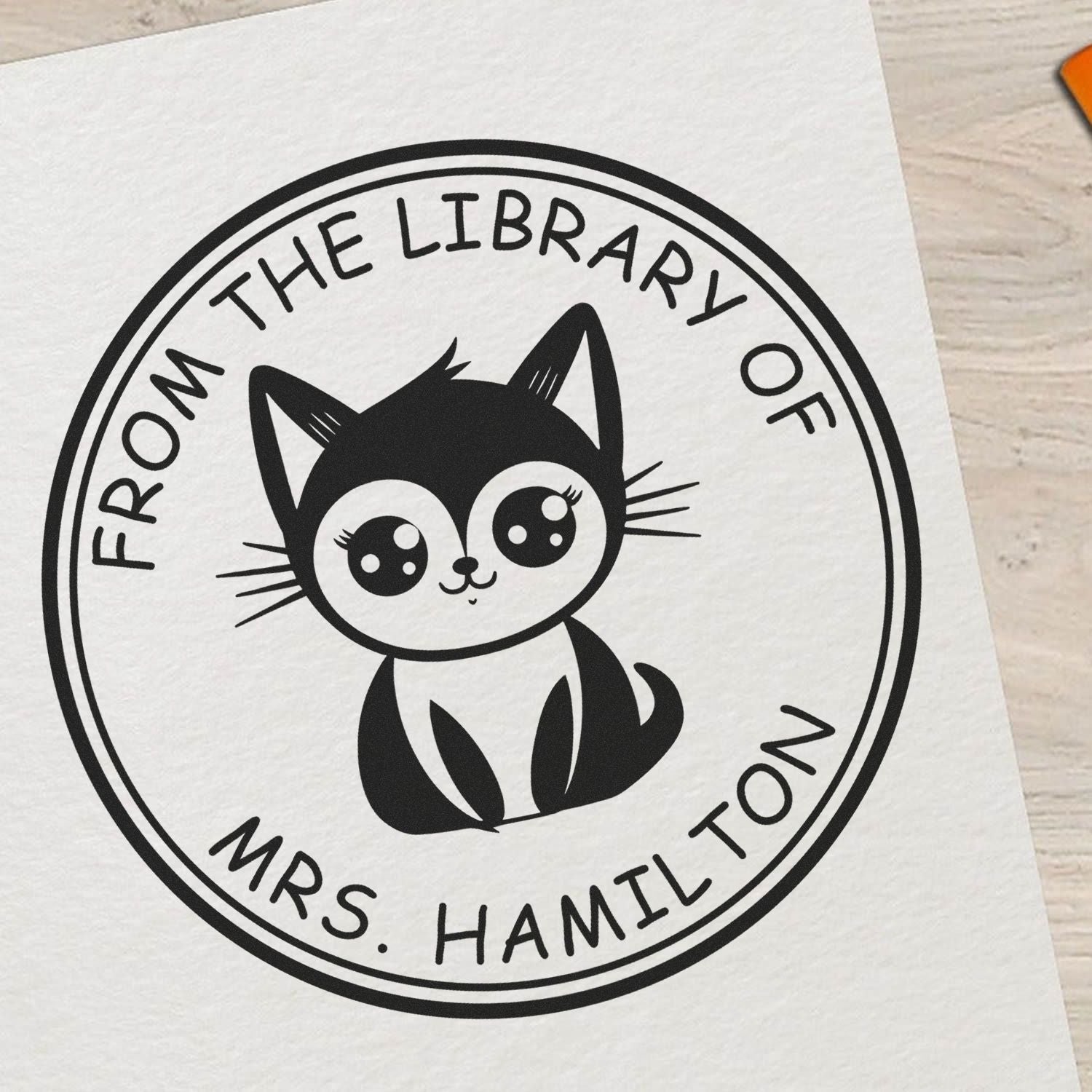 Wood Handle Adorable Kitten Custom Bibliophile Stamp