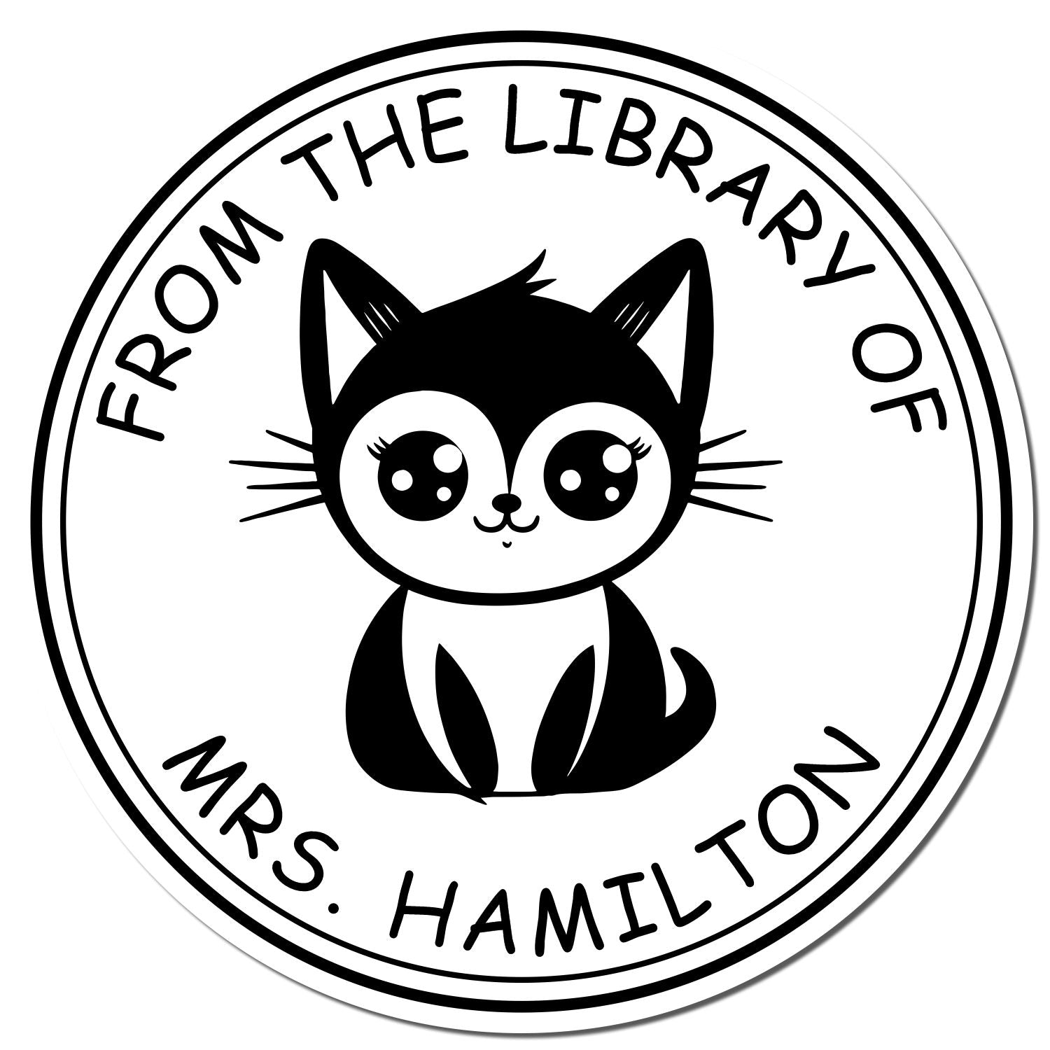Black-and-white circular library stamp and seal with cute cat illustration and text From the Library of Mrs. Hamilton
