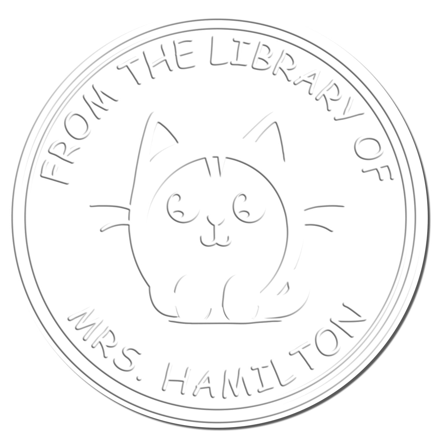 Circular white-gray embossed library stamp seal with a cat and From the Library of Mrs. Hamilton text.
