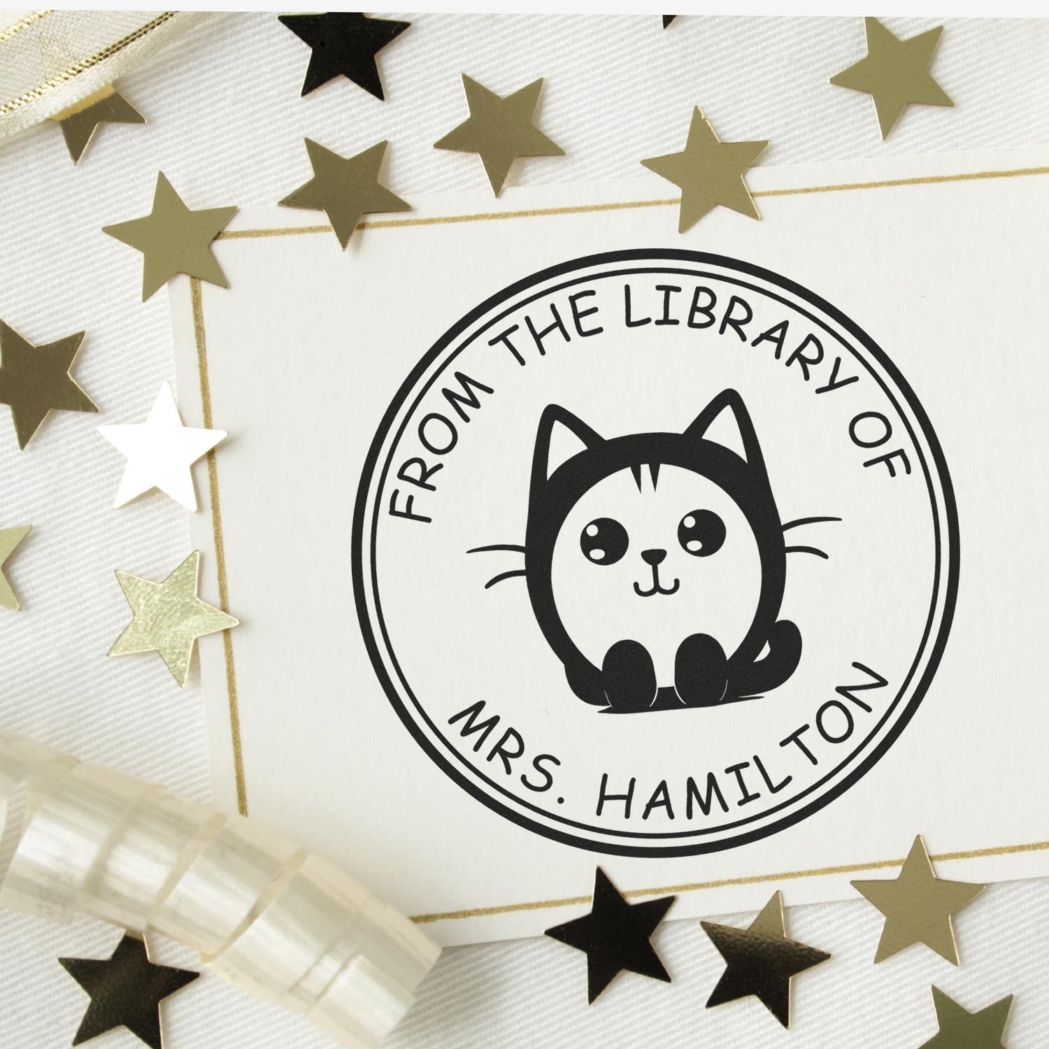 Wood Handle Cuddly Kitty Custom Book Stamp - Engineer Seal Stamps