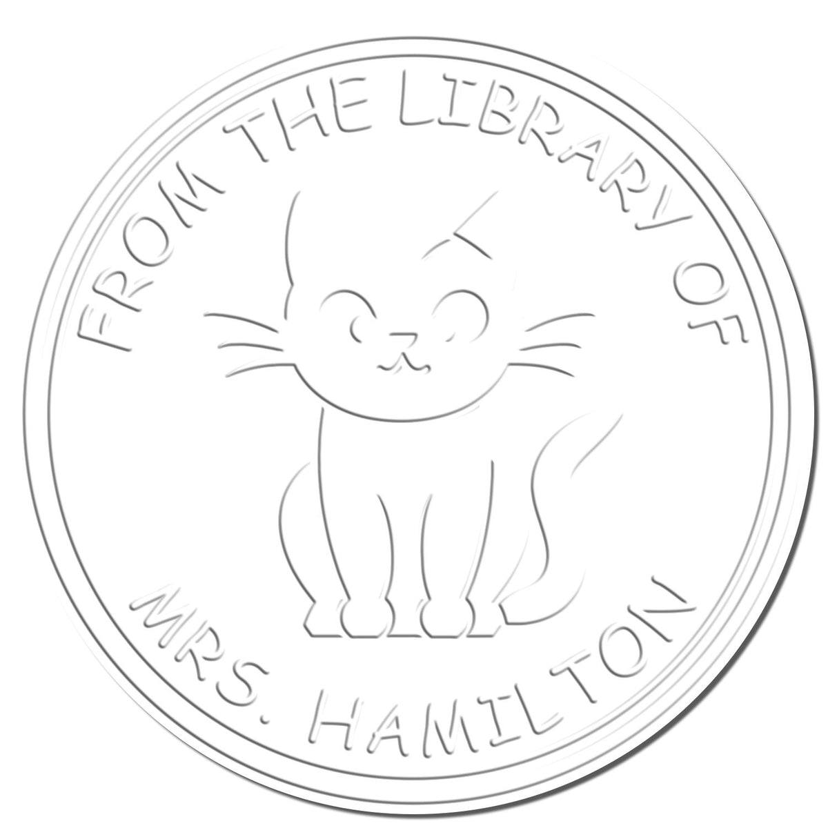Shiny Soft Curious Kitty custom embossing stamp with cat design, showing the detailed imprint of the feline on a surface.