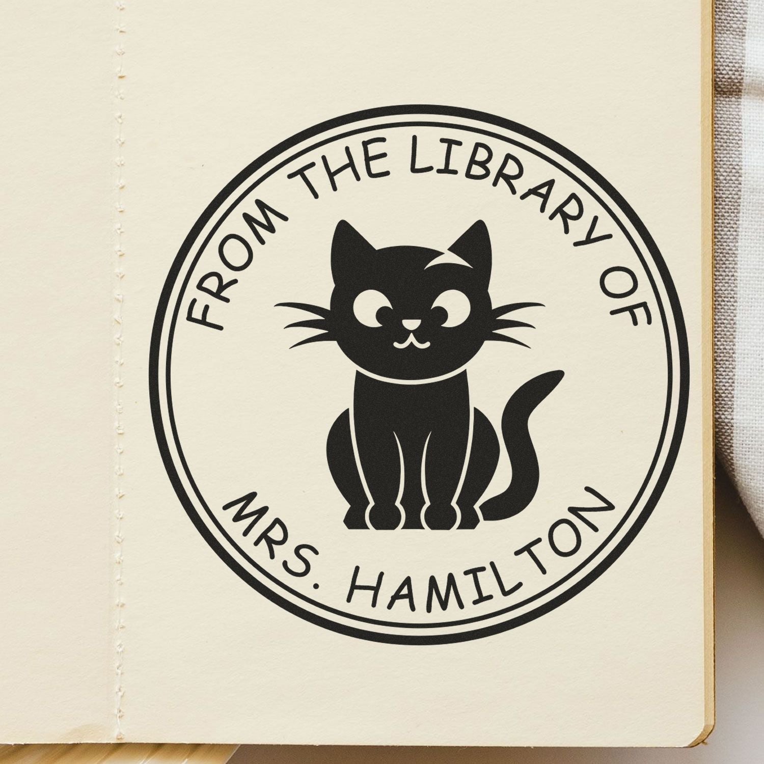 Wood Handle Curious Kitty Custom Book Belongs to Stamp - Engineer Seal Stamps