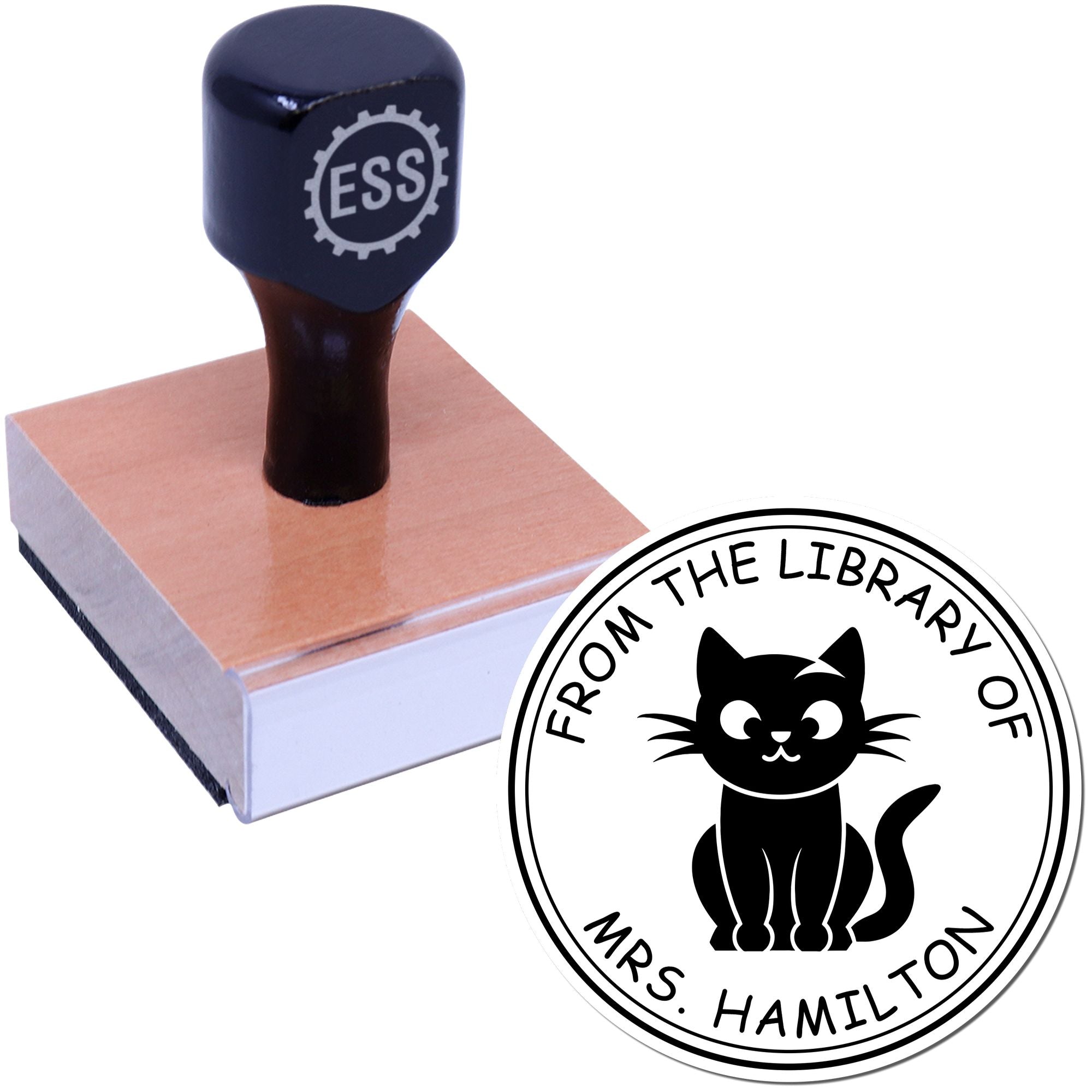 Wood Handle Curious Kitty Custom Book Belongs to Stamp - Engineer Seal Stamps