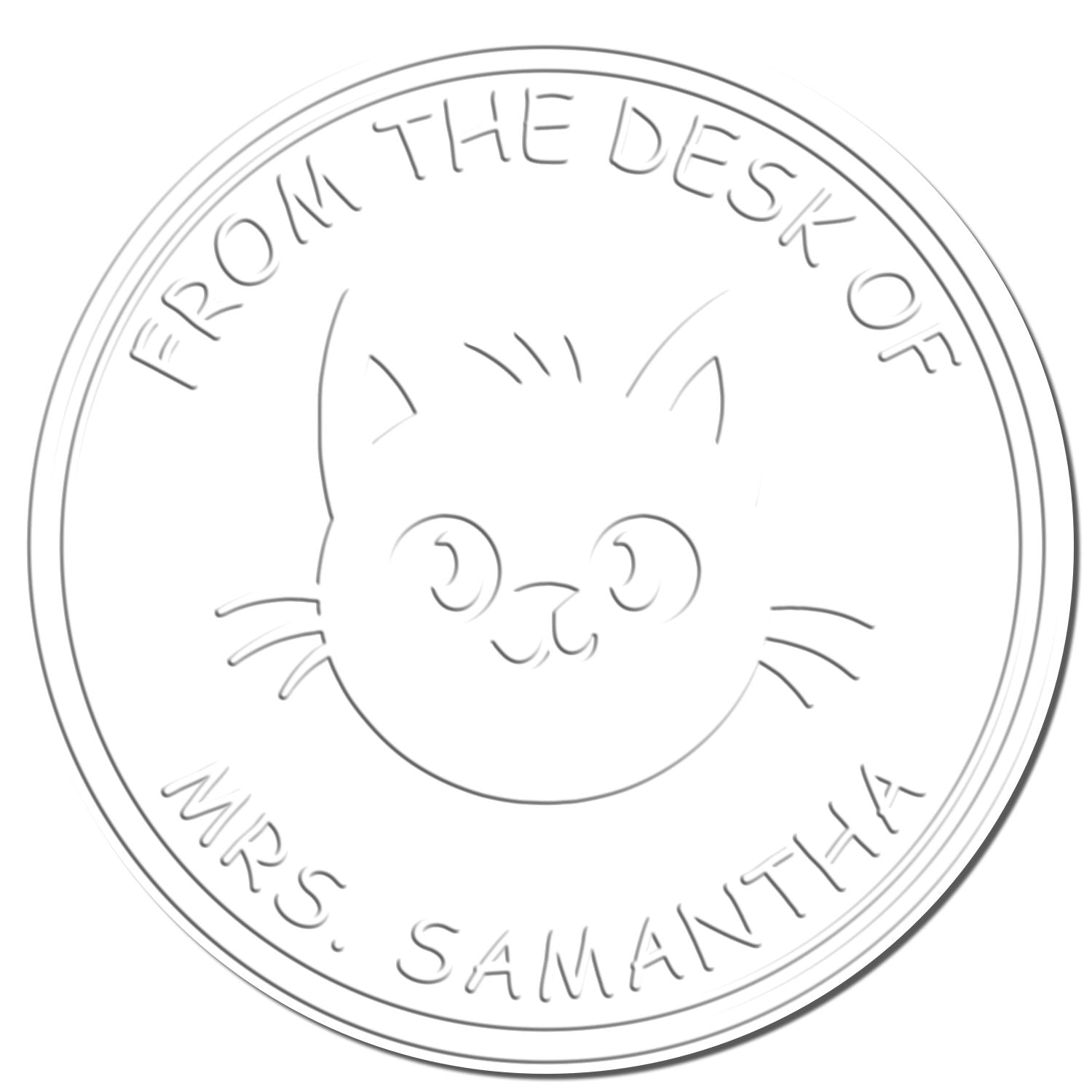 Gray circular custom stamp seal with cat face and From the Desk of Mrs. Samantha on a white background.