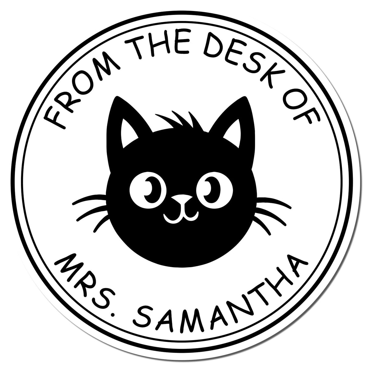 Black-and-white round stamp seal with a cat icon and text From the Desk of Mrs. Samantha