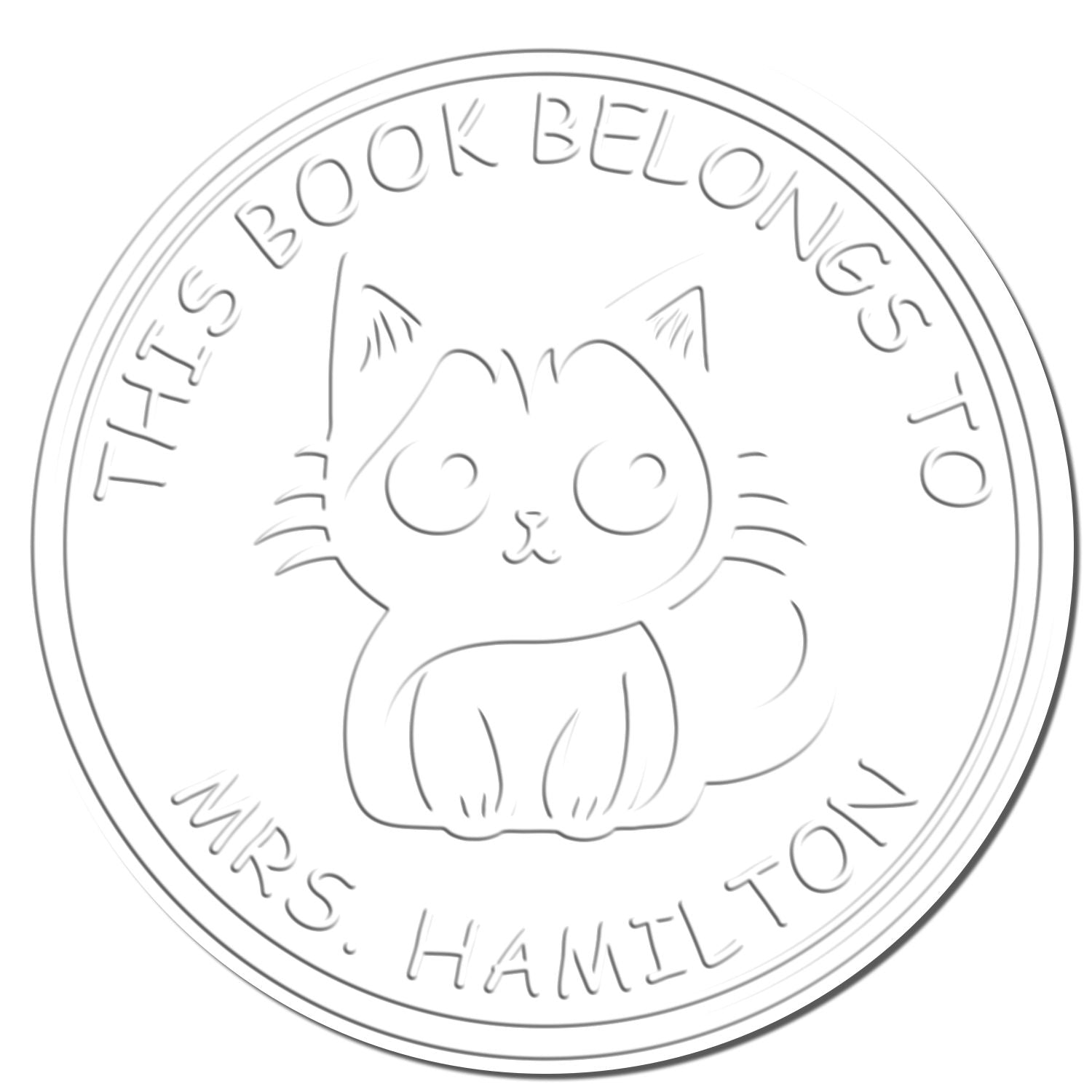 White circular stamp seal with embossed cat and This Book Belongs to Mrs. Hamilton text.