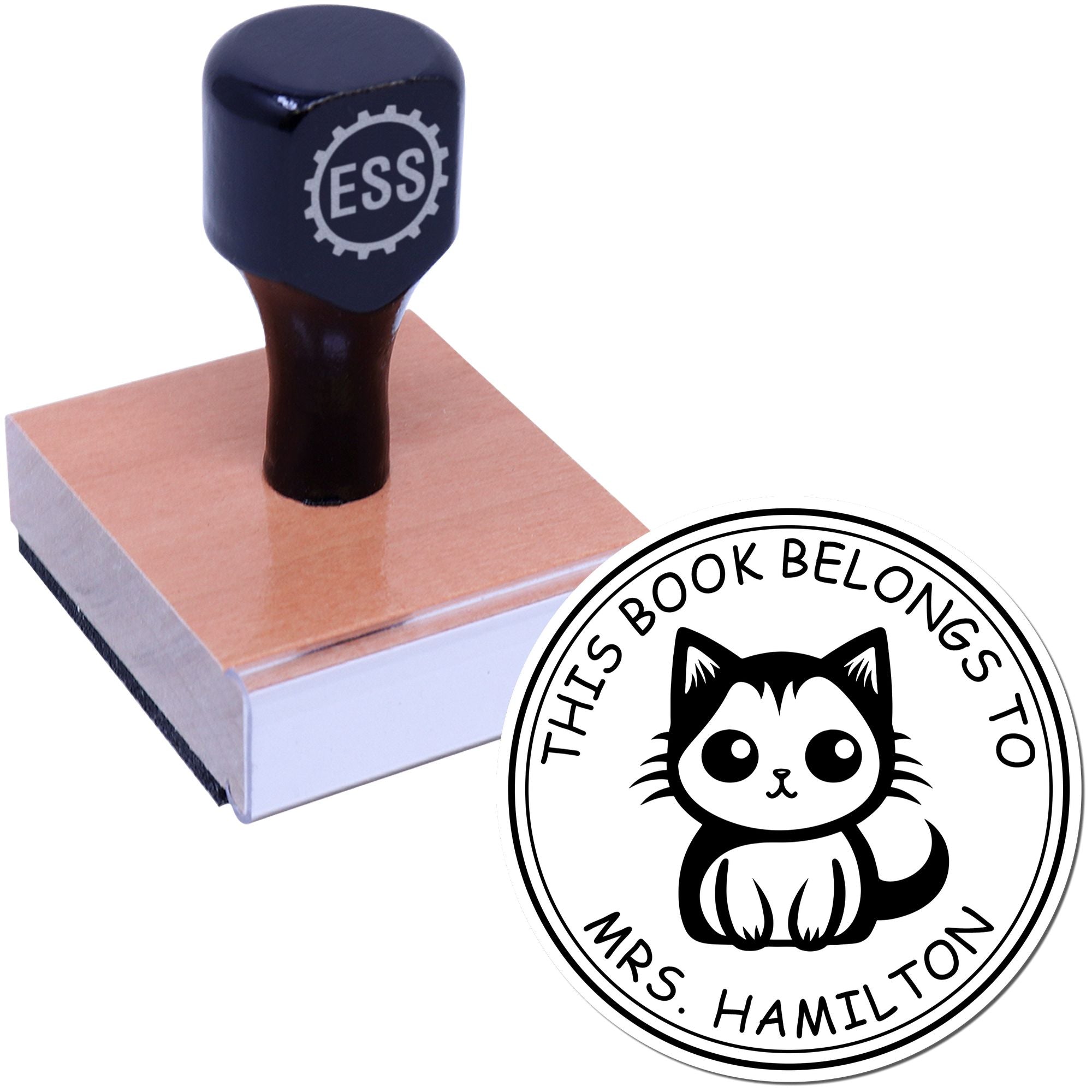 Wood Handle Comforting Cat Custom Book Ownership Label Stamp - Engineer Seal Stamps