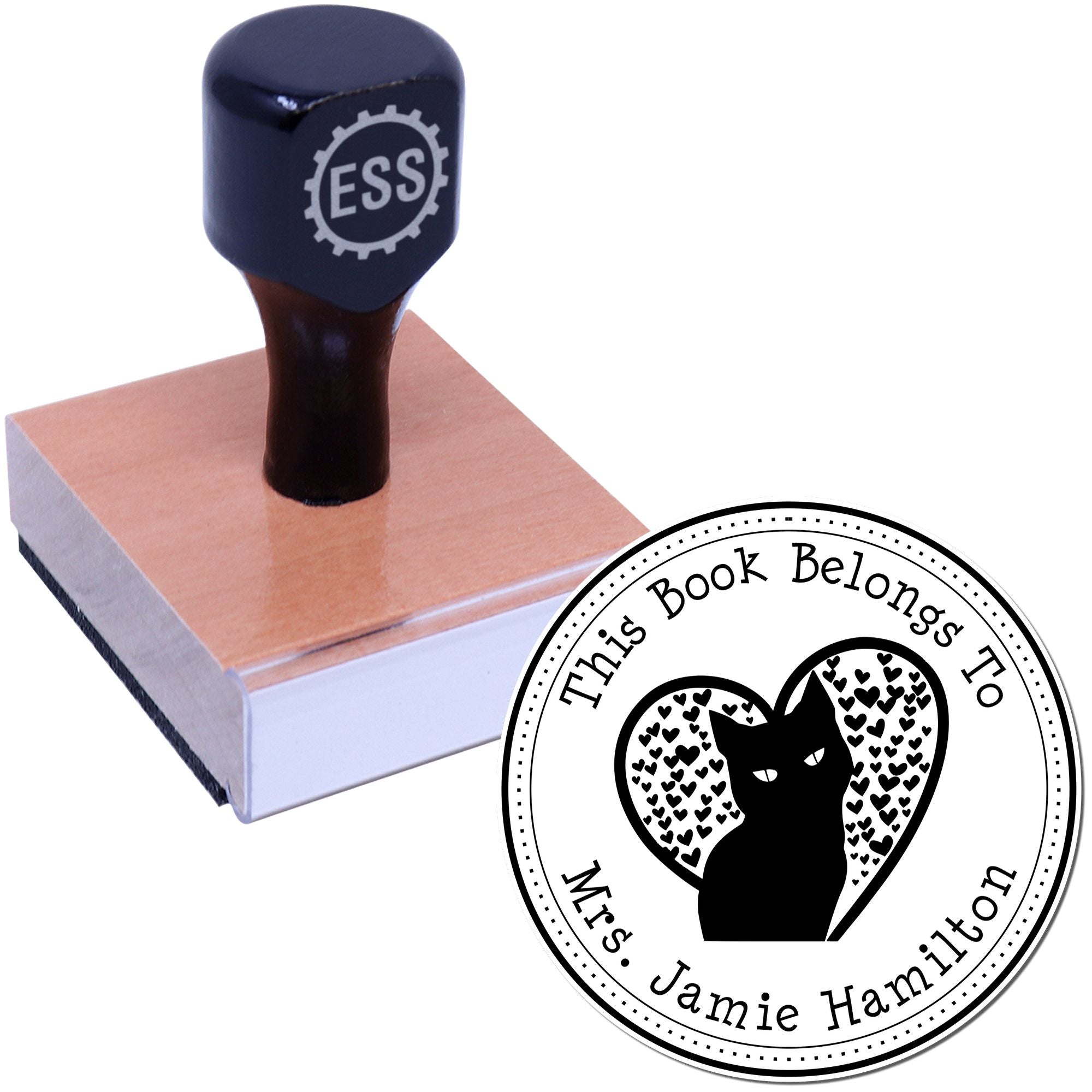 Wood Handle Regal Cat Custom Library Name Stamp - Engineer Seal Stamps