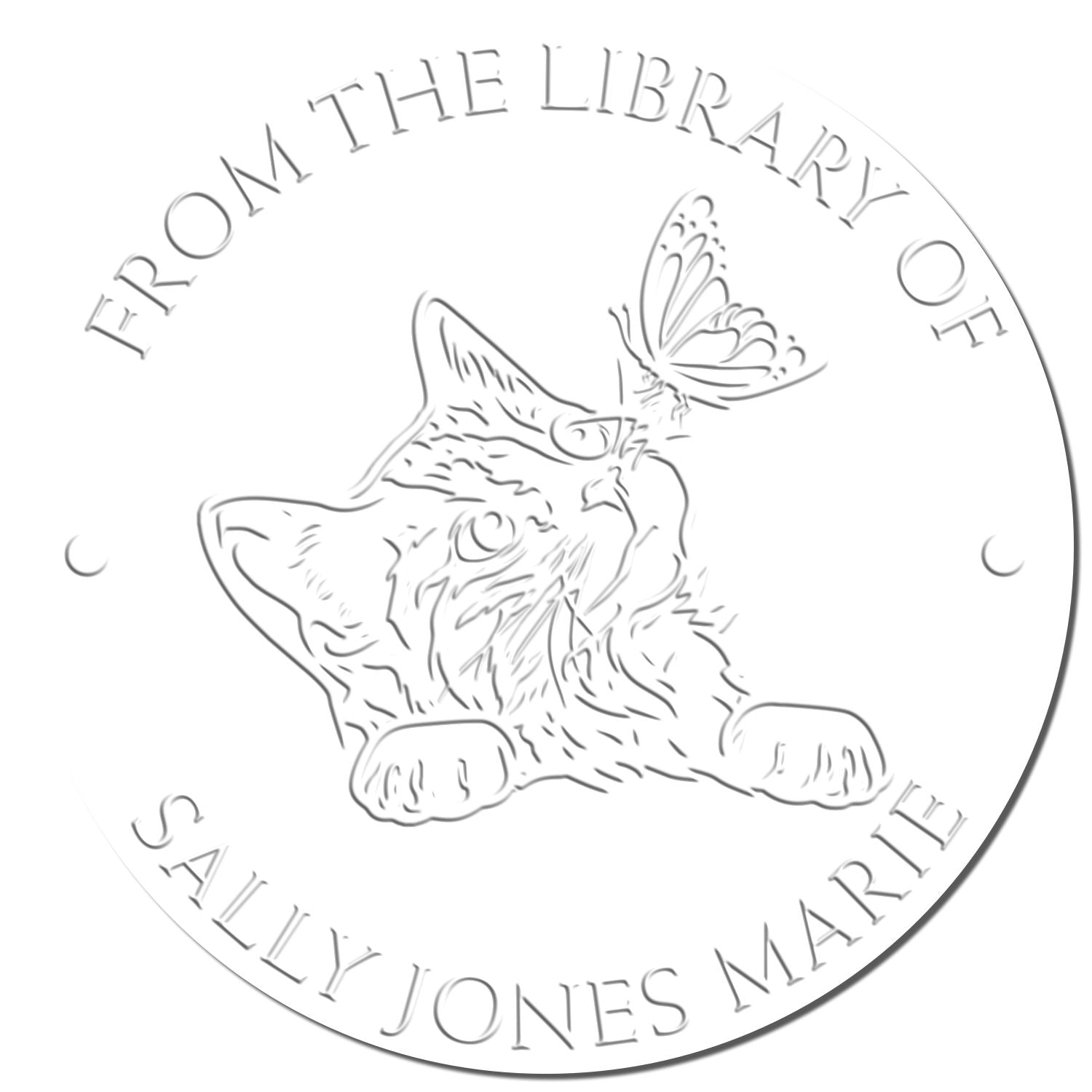 Embossed white circular library stamp/seal with cat and butterfly, reading From the Library of Sally Jones Marie.