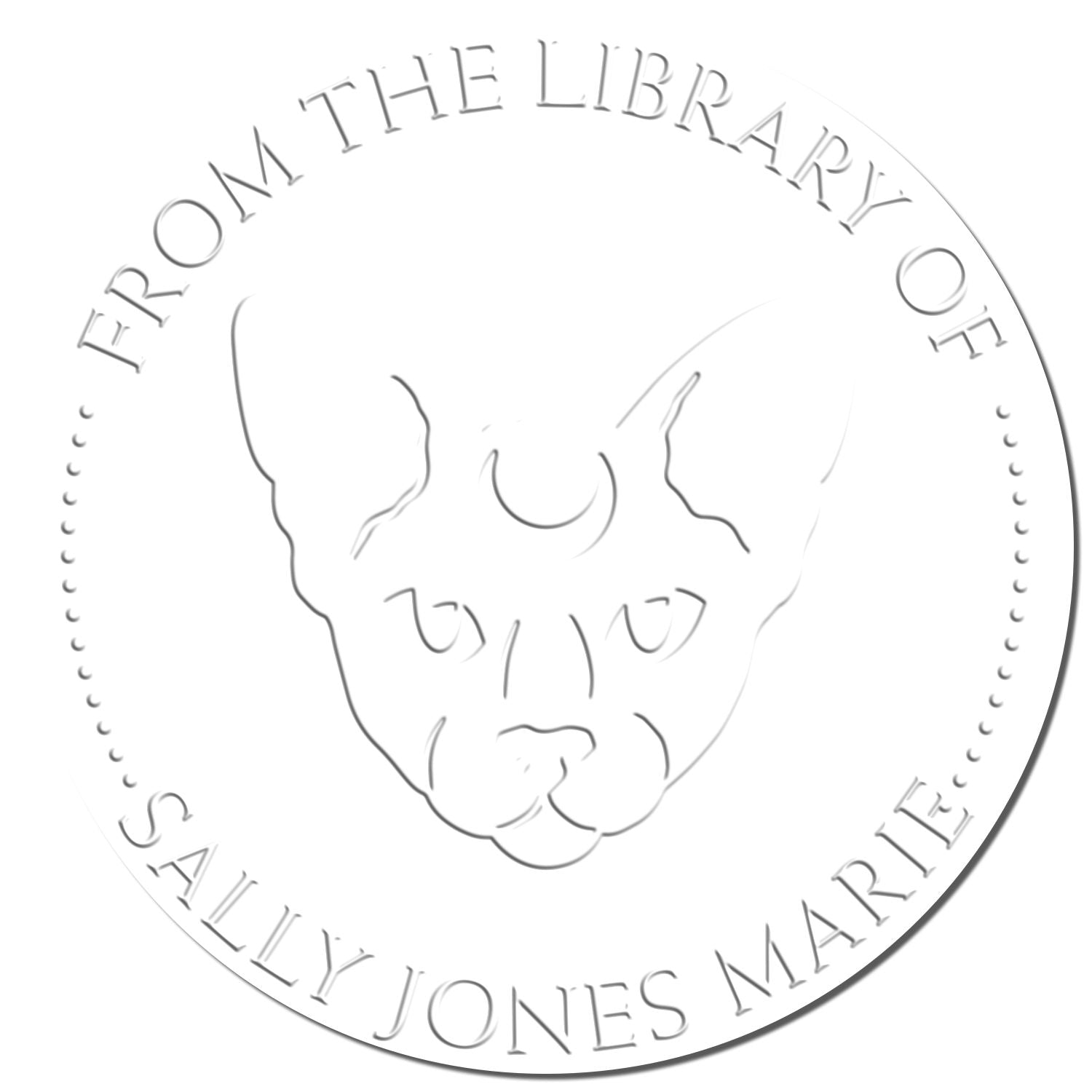 Embossed white library seal stamp with a dog face and gray circular text: From the Library of Sally Jones Marie.