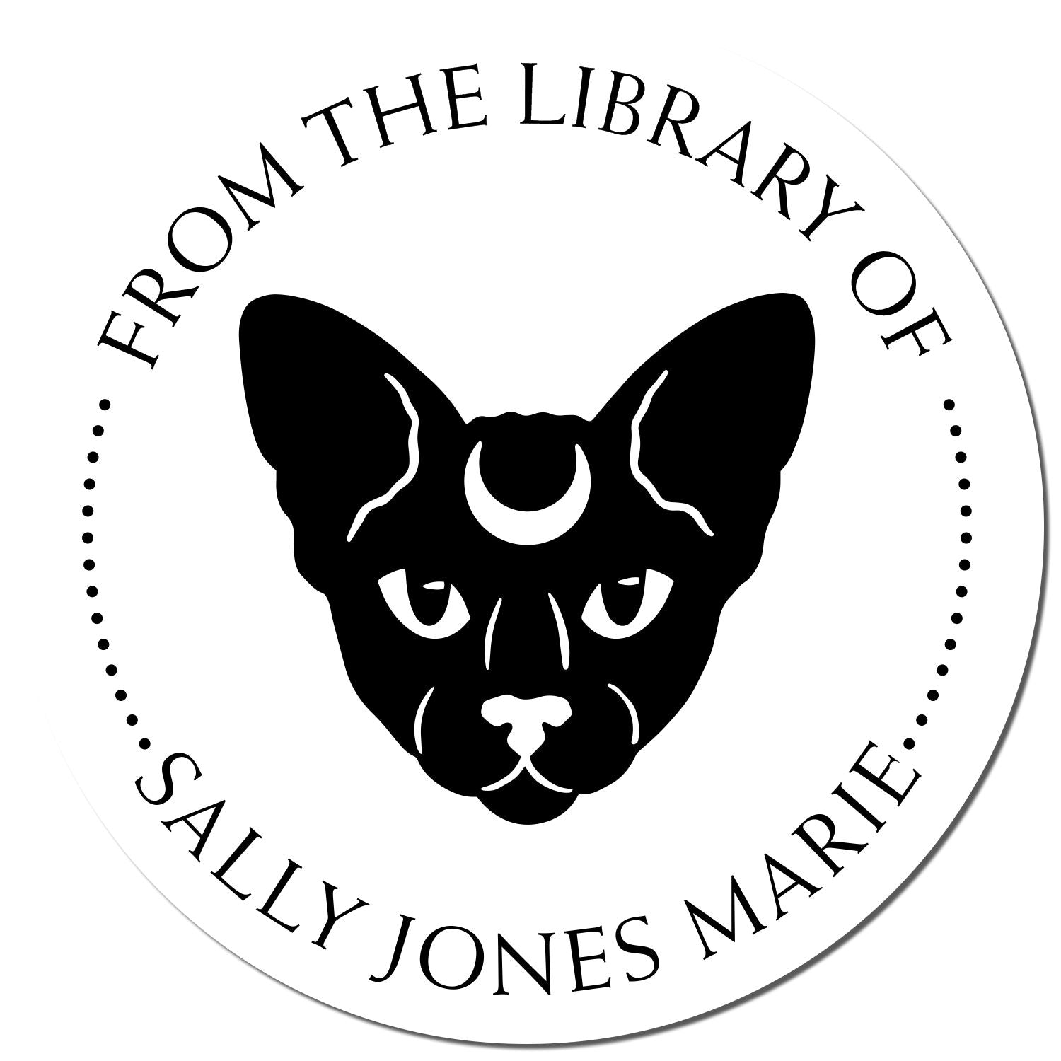 Round black-and-white library stamp seal with cat silhouette and moon symbol, reading From the Library of Sally Jones Marie.