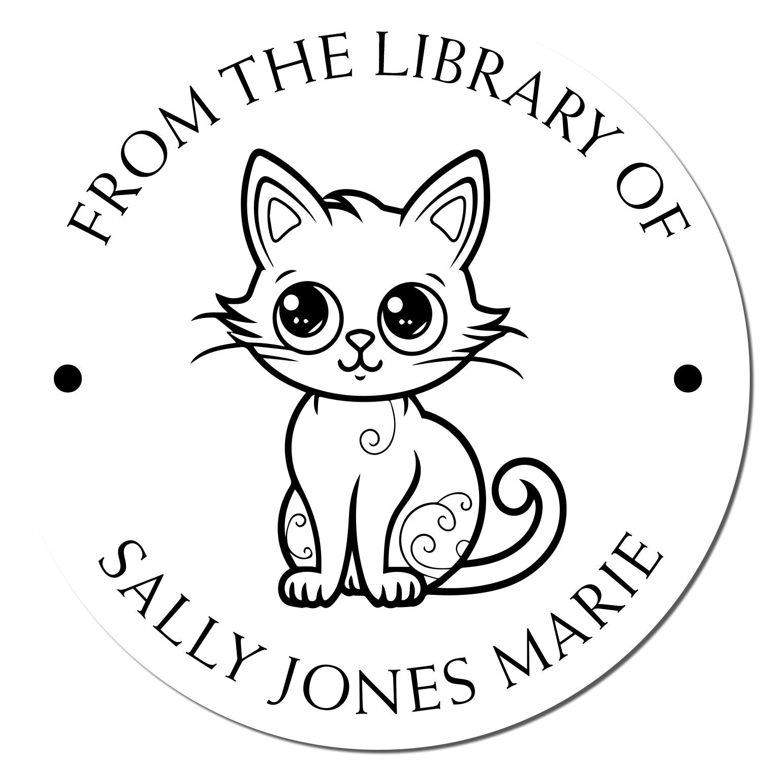 Black-and-white circular library stamp with cute cat and text From the Library of Sally Jones Marie