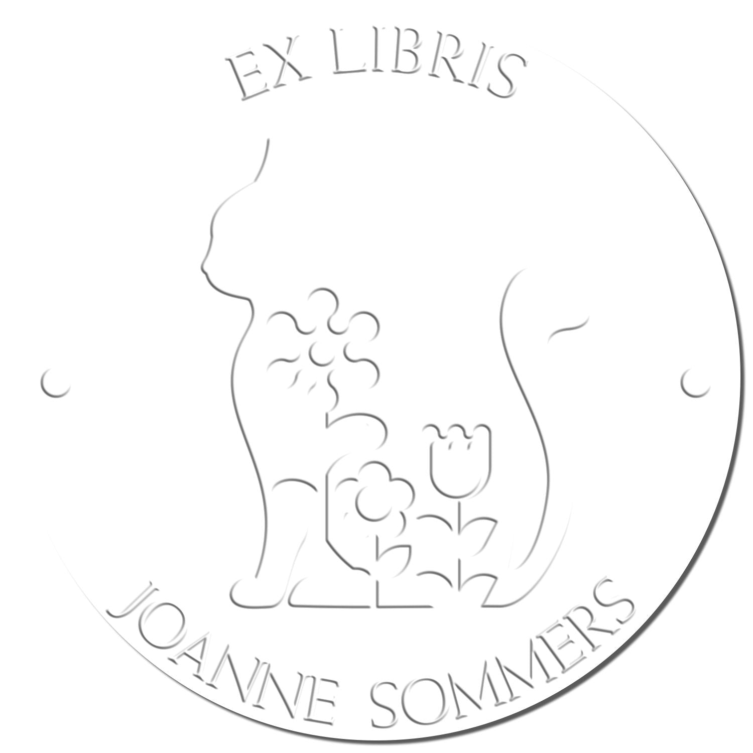 Circular silver embossing seal/stamp with cat silhouette, flowers, and Ex Libris Joanne Sommers text.