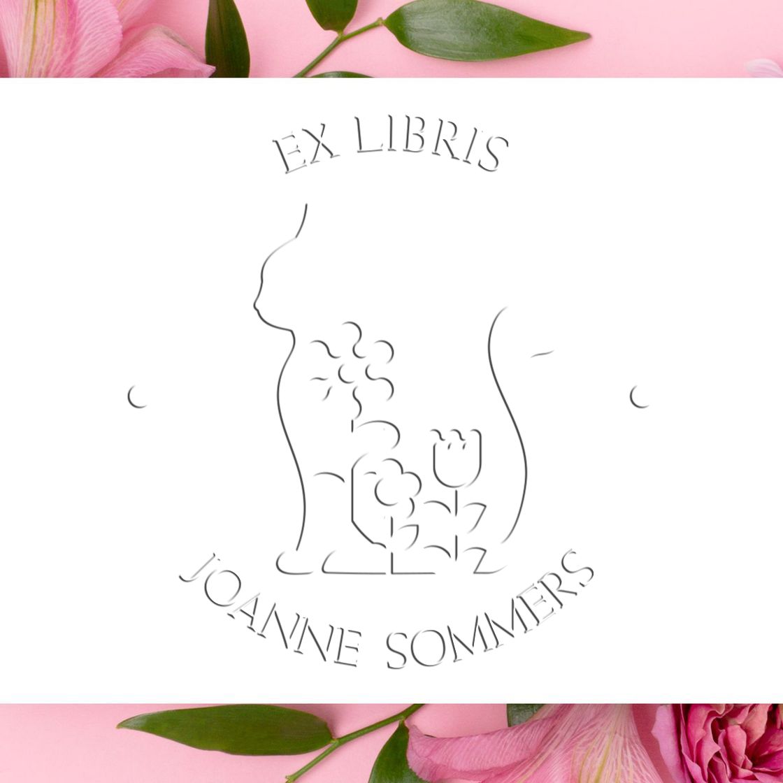 Custom ex libris book stamp seal with floral vase line art, gray lettering, and pink flower border.