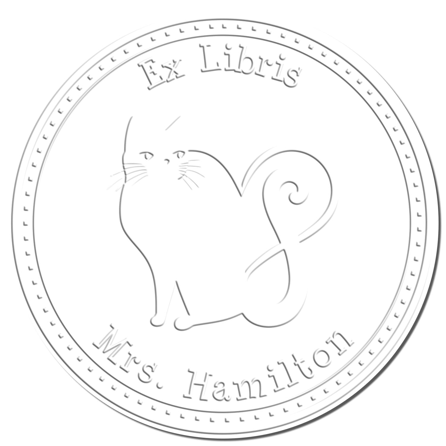 White and gray embossed circular book stamp seal with a cat silhouette and curled tail, reading Ex Libris Mrs. Hamilton.