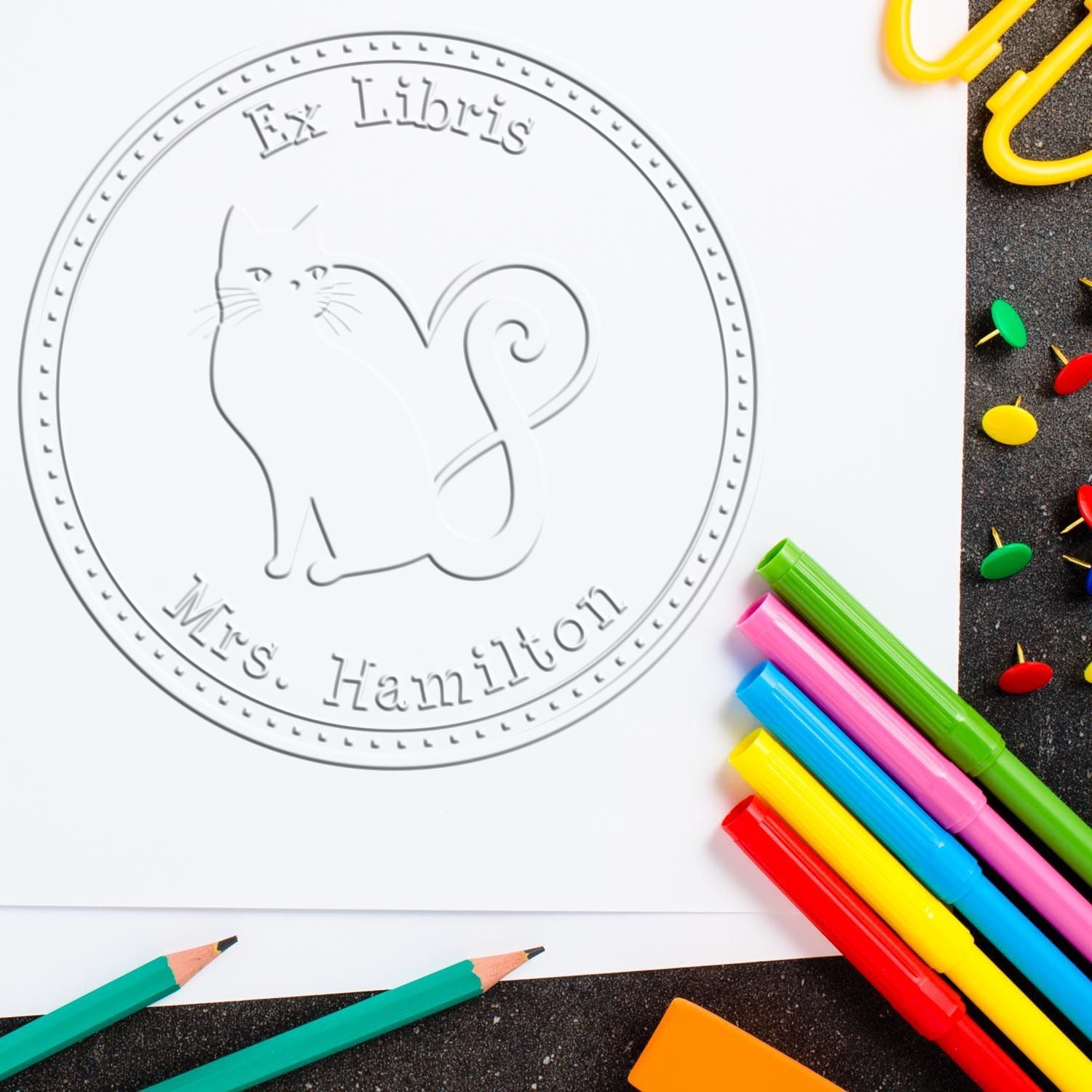 Soft Energetic Kitty Custom Book Lover Embossed Stamp