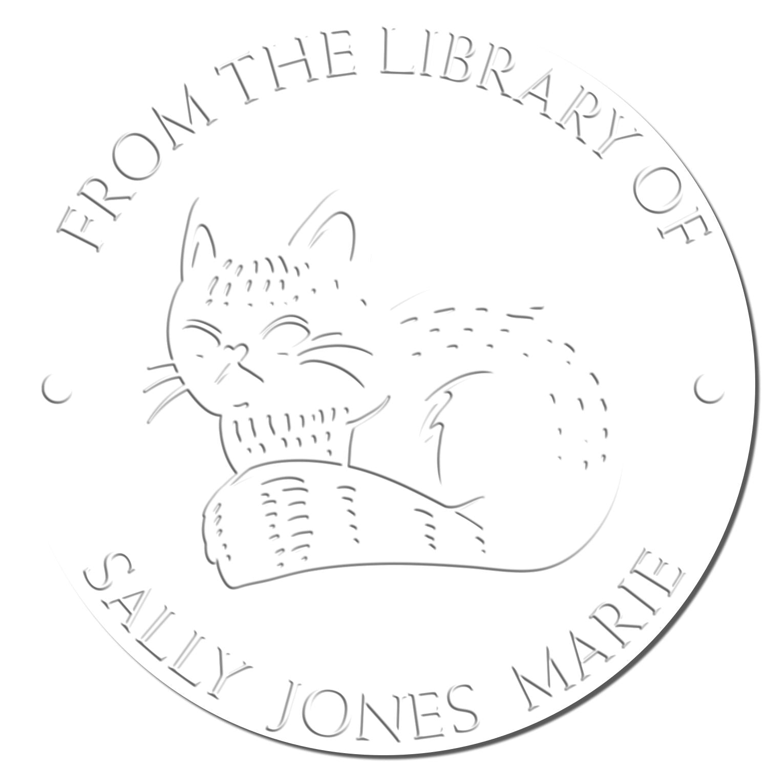 White embossed library seal with sleeping cat and circular text reading From the Library of Sally Jones Marie.
