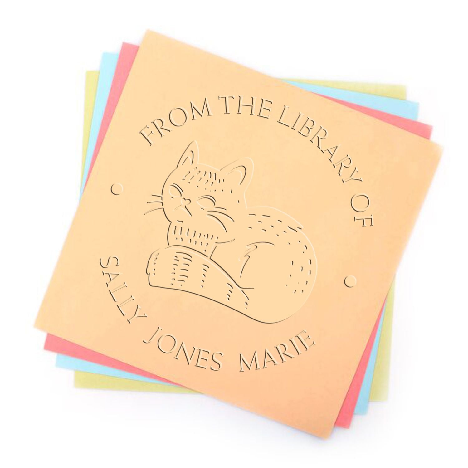 Pastel bookplate stamp and seal sheets with embossed cat and From the Library of Sally Jones Marie text
