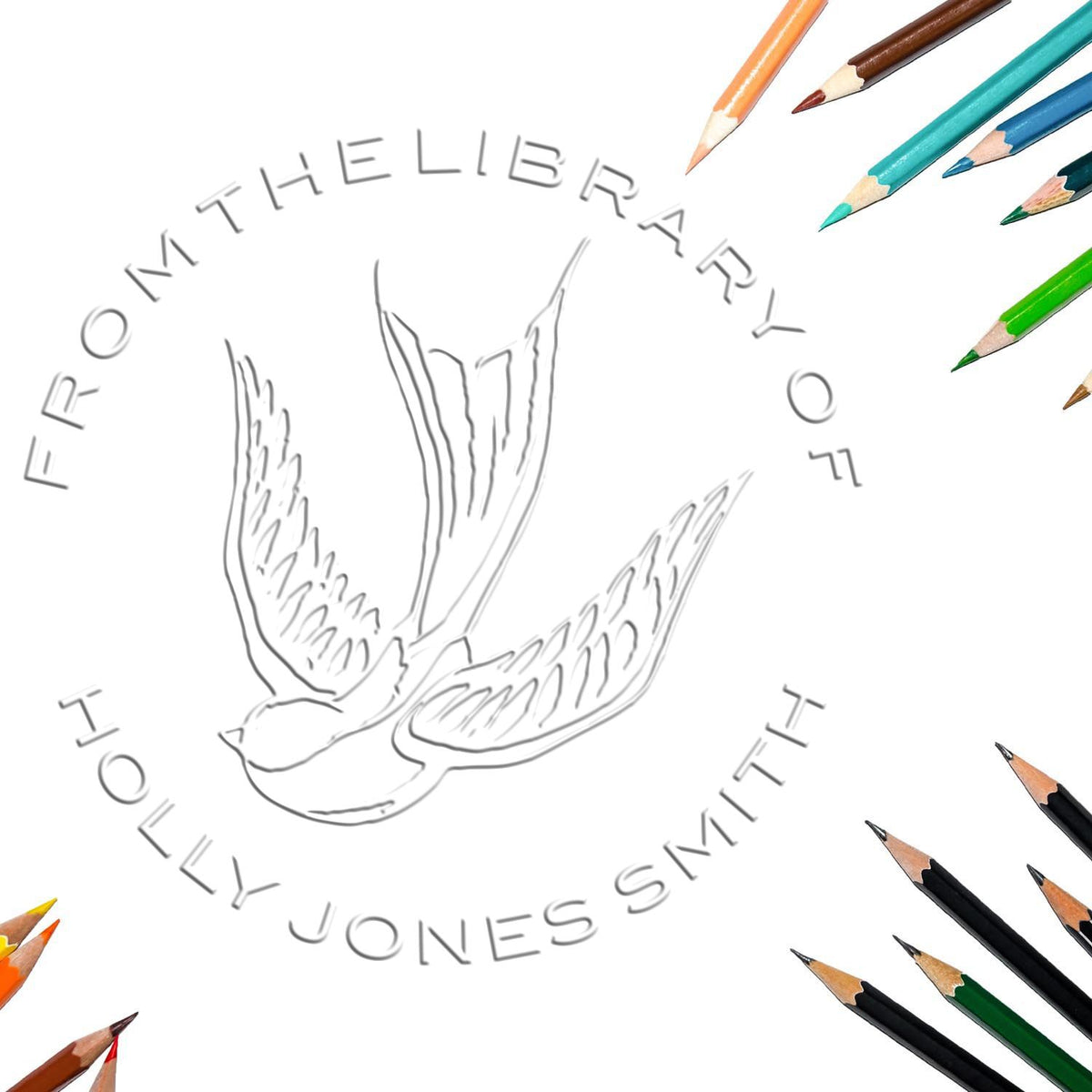 Custom stamp seal logo with swallow outline and circular gray text, surrounded by colorful pencils on a white background.