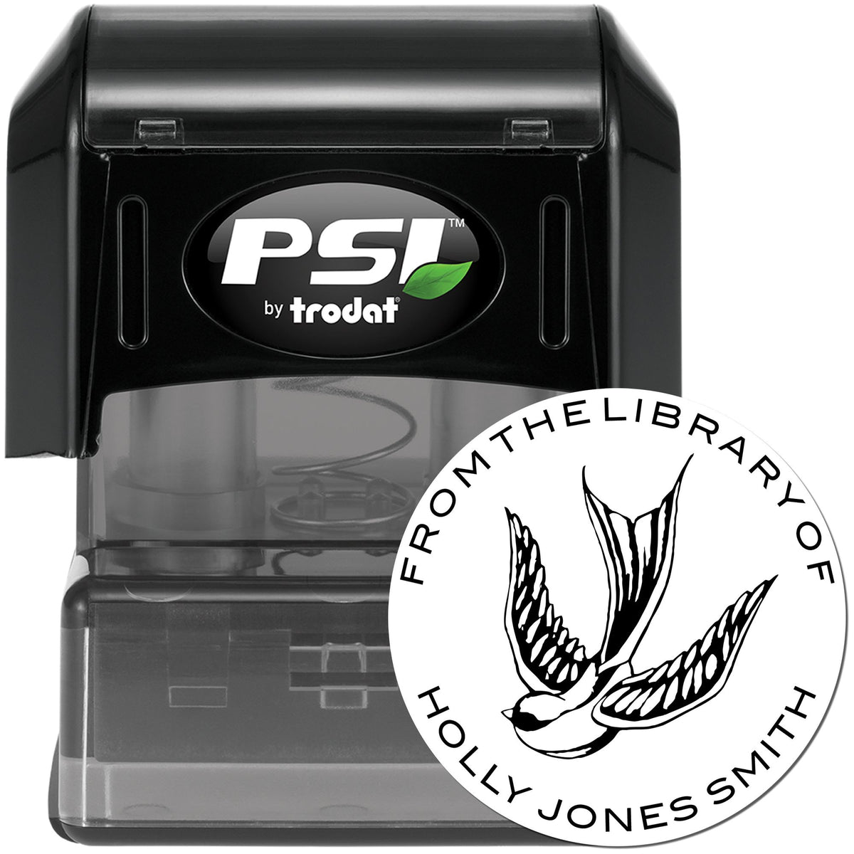 Black PSI by Trodat self-inking stamp with transparent casing and white round seal featuring a flying bird logo.