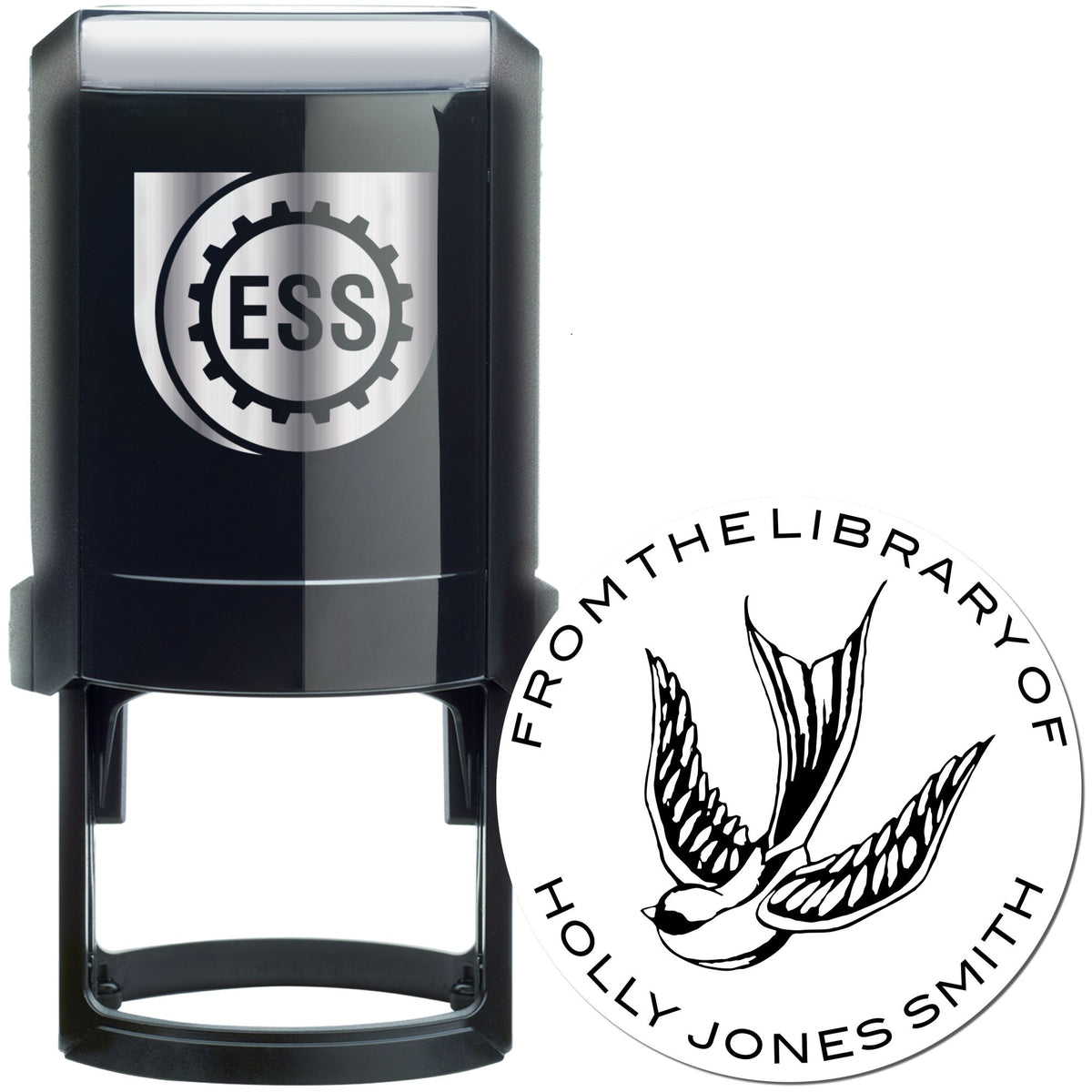 Black self-inking stamp with silver ESS gear logo beside a round white seal featuring a black bird and circular text.