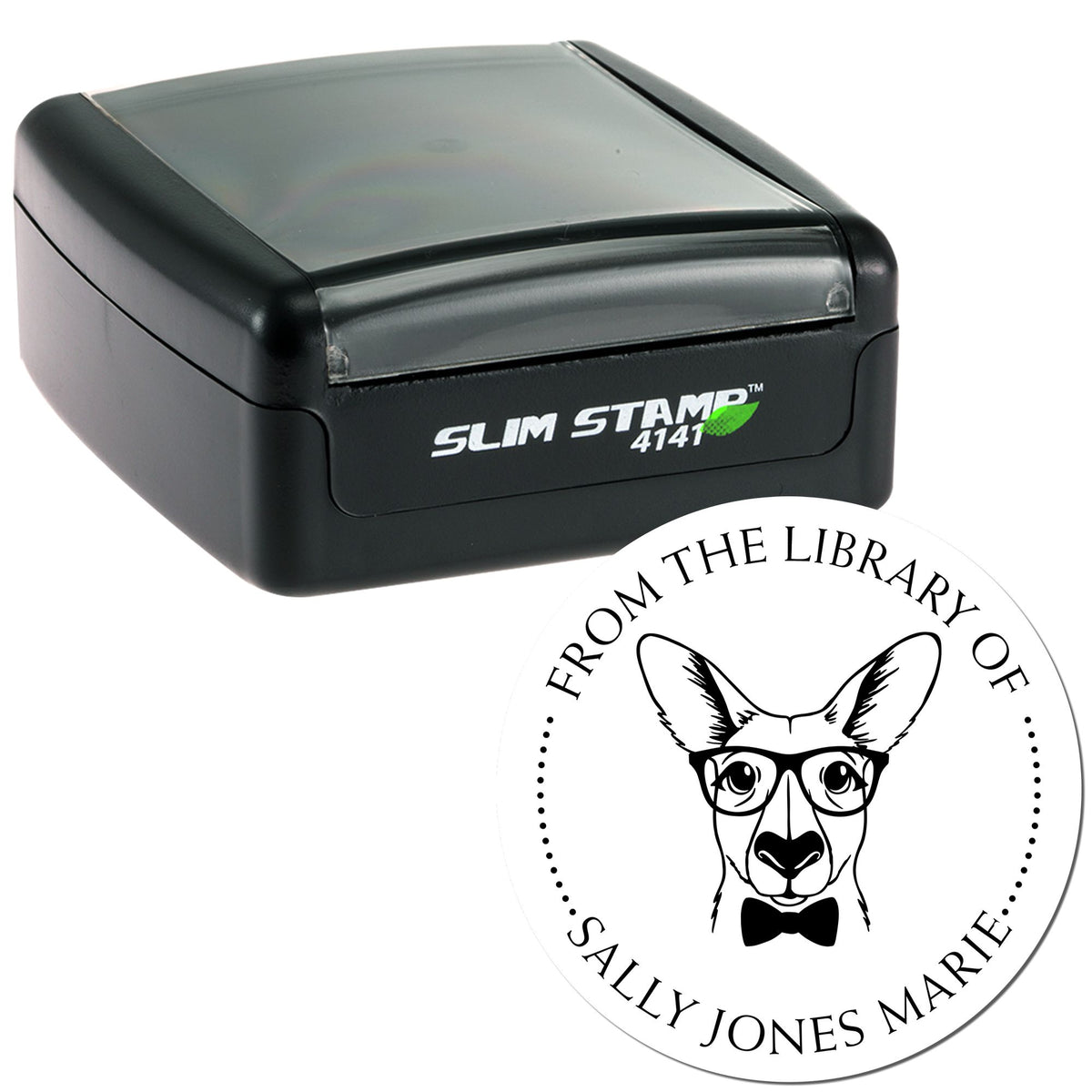 Black Slim Stamp 4141 self-inking stamp with custom white round seal featuring a black dog logo and text