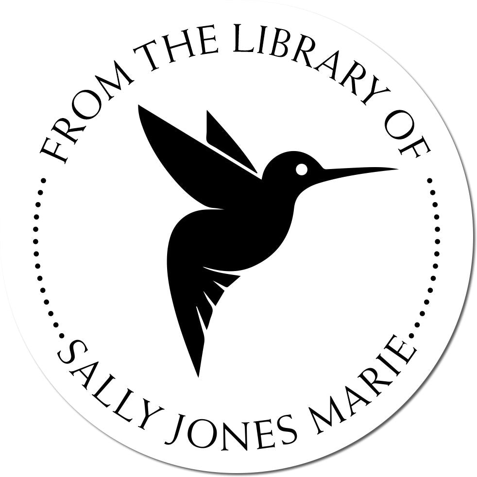 Custom circular black stamp seal with hummingbird silhouette and curved text From the Library of Sally Jones Marie on white background.