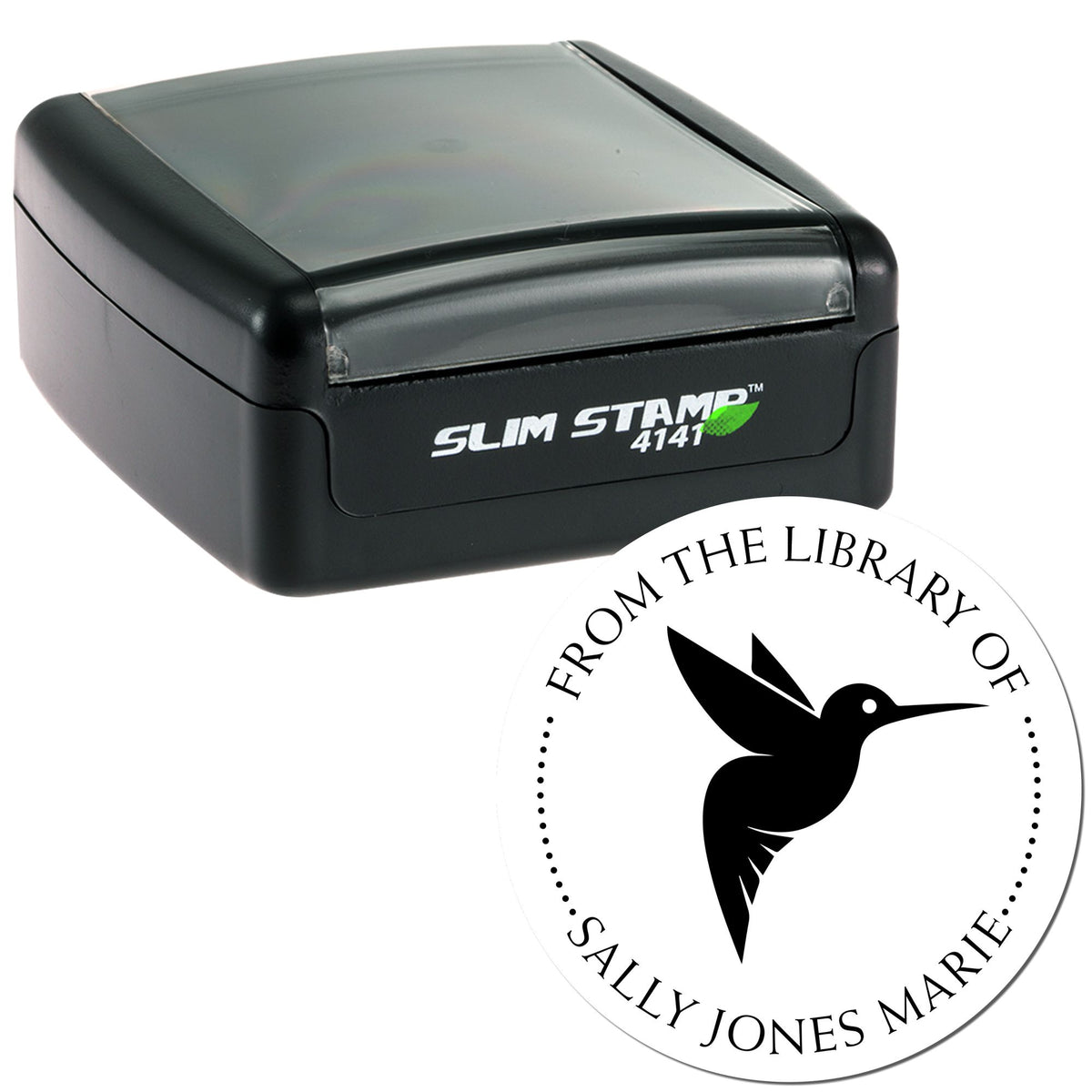 Black Slim Stamp 4141 self-inking stamp with white circular library seal, bird logo, and Sally Jones Marie text.