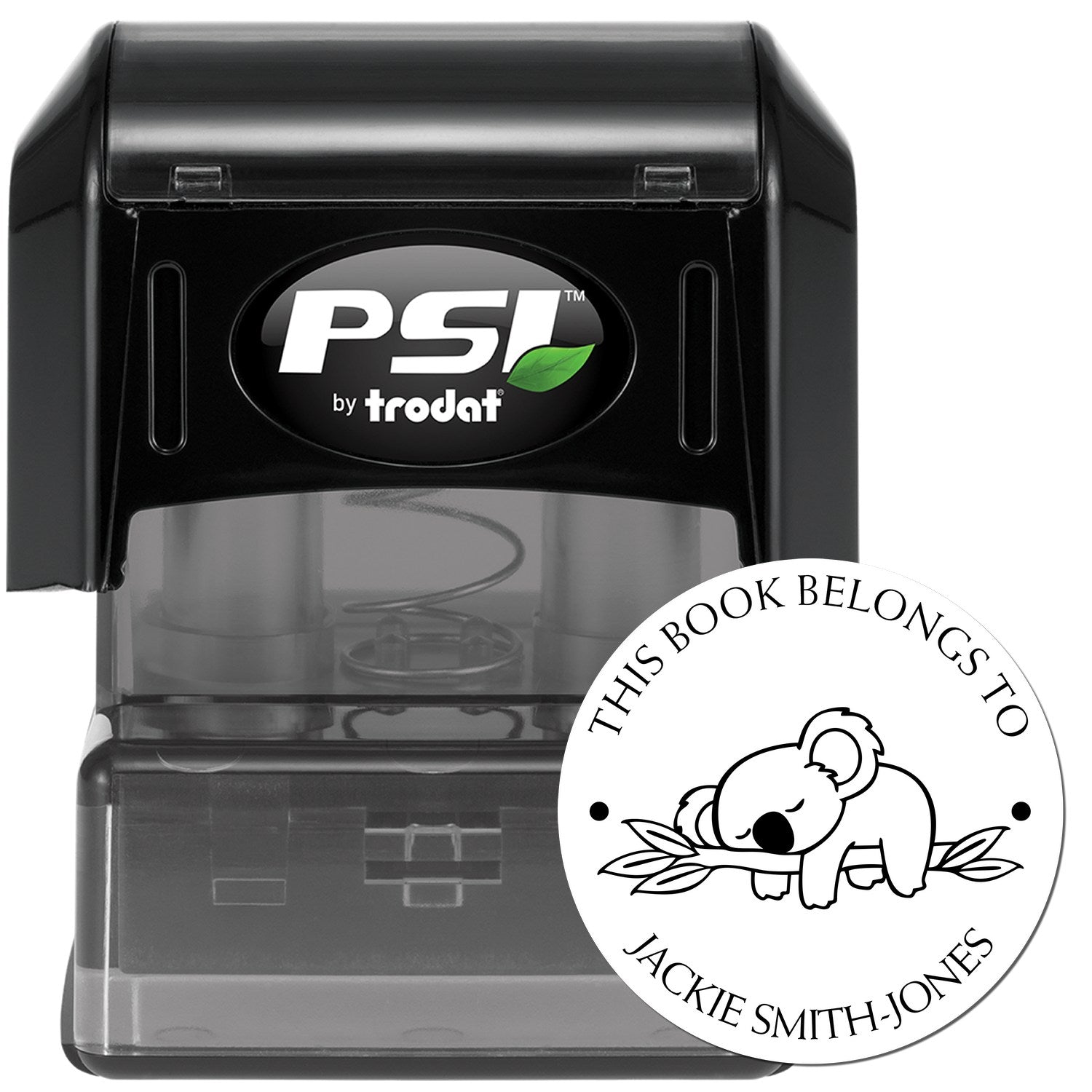 Black PSI by trodat self-inking stamp with clear base and white koala book-belonging seal for Jackie Smith-Jones.