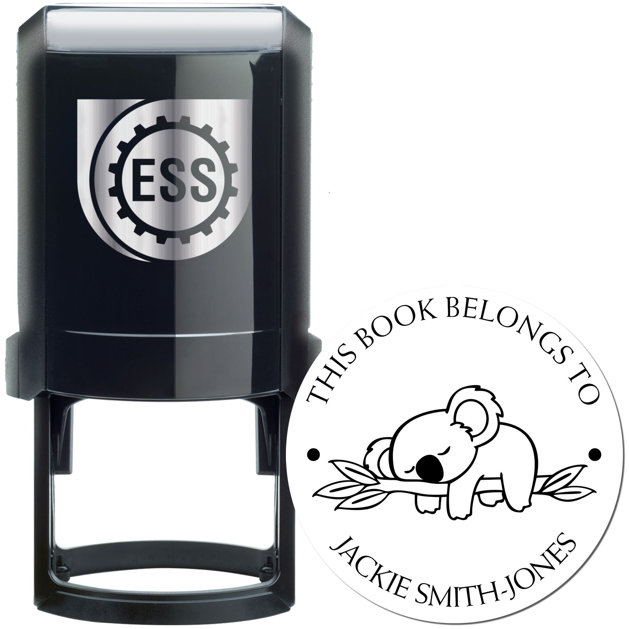 Black self-inking stamp with ESS gear logo beside a white round book seal featuring a sleeping koala and Jackie Smith-Jones.