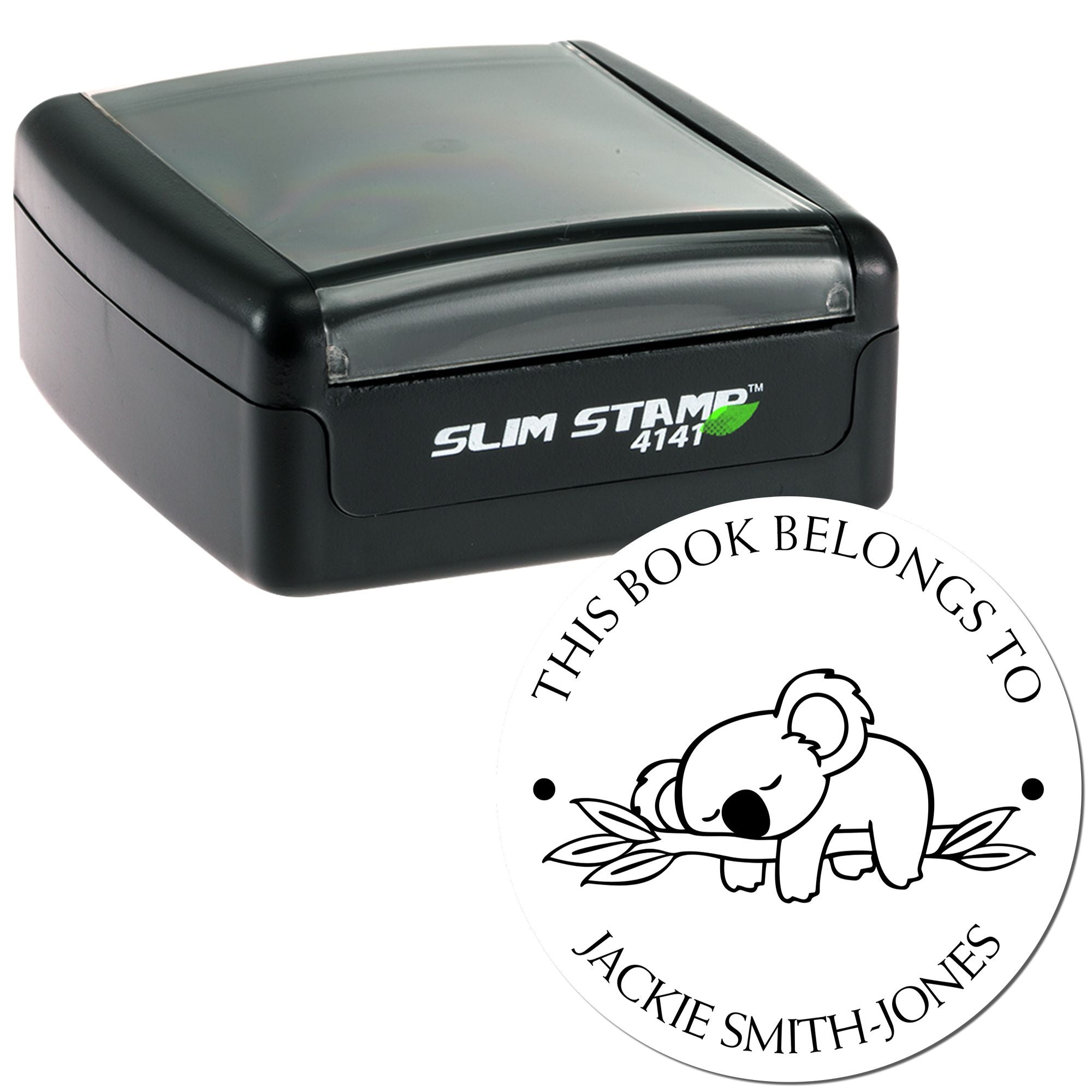 Black Slim Stamp 4141 self-inking stamp with translucent gray lid and round white seal featuring a koala logo.
