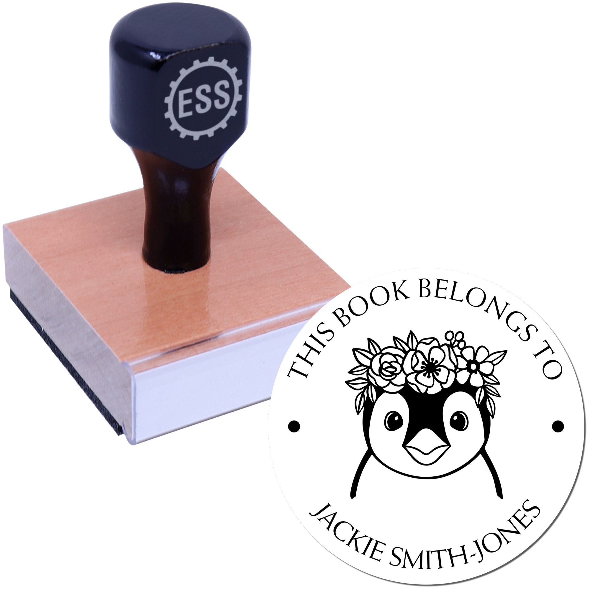 Wood Handle Pretty Penguin Customizable Bookplate Sticker Stamp - Engineer Seal Stamps