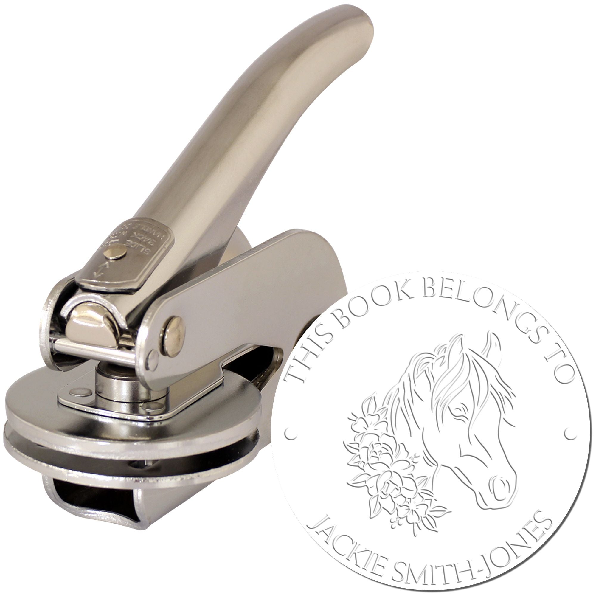 Chrome silver handheld embossing stamp and seal with horse design on a round white custom seal