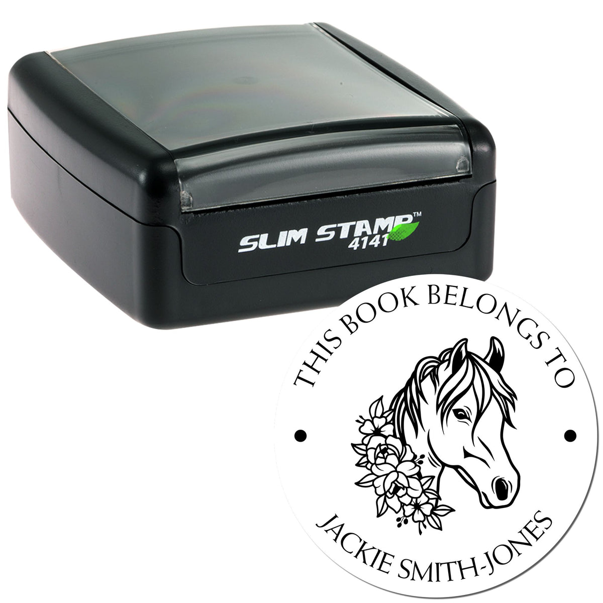 Black Slim Stamp 4141 with custom white circular seal featuring horse, flowers, and Jackie Smith-Jones text.