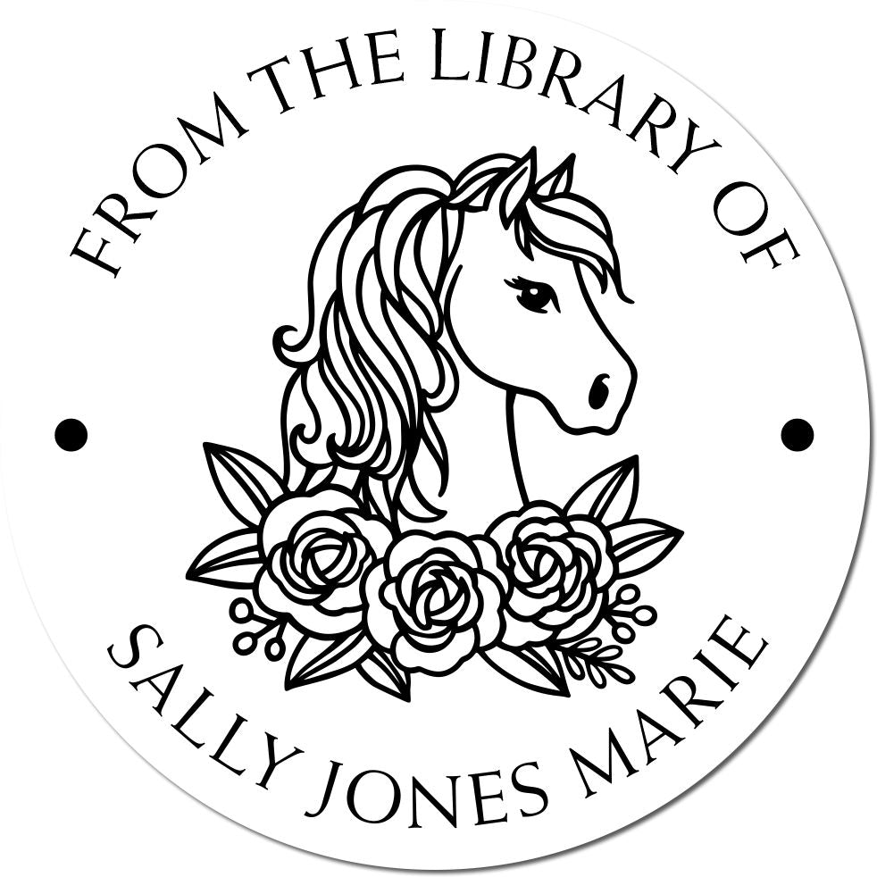 Round white custom stamp seal with black horse and rose design, reading From the Library of Sally Jones Marie.