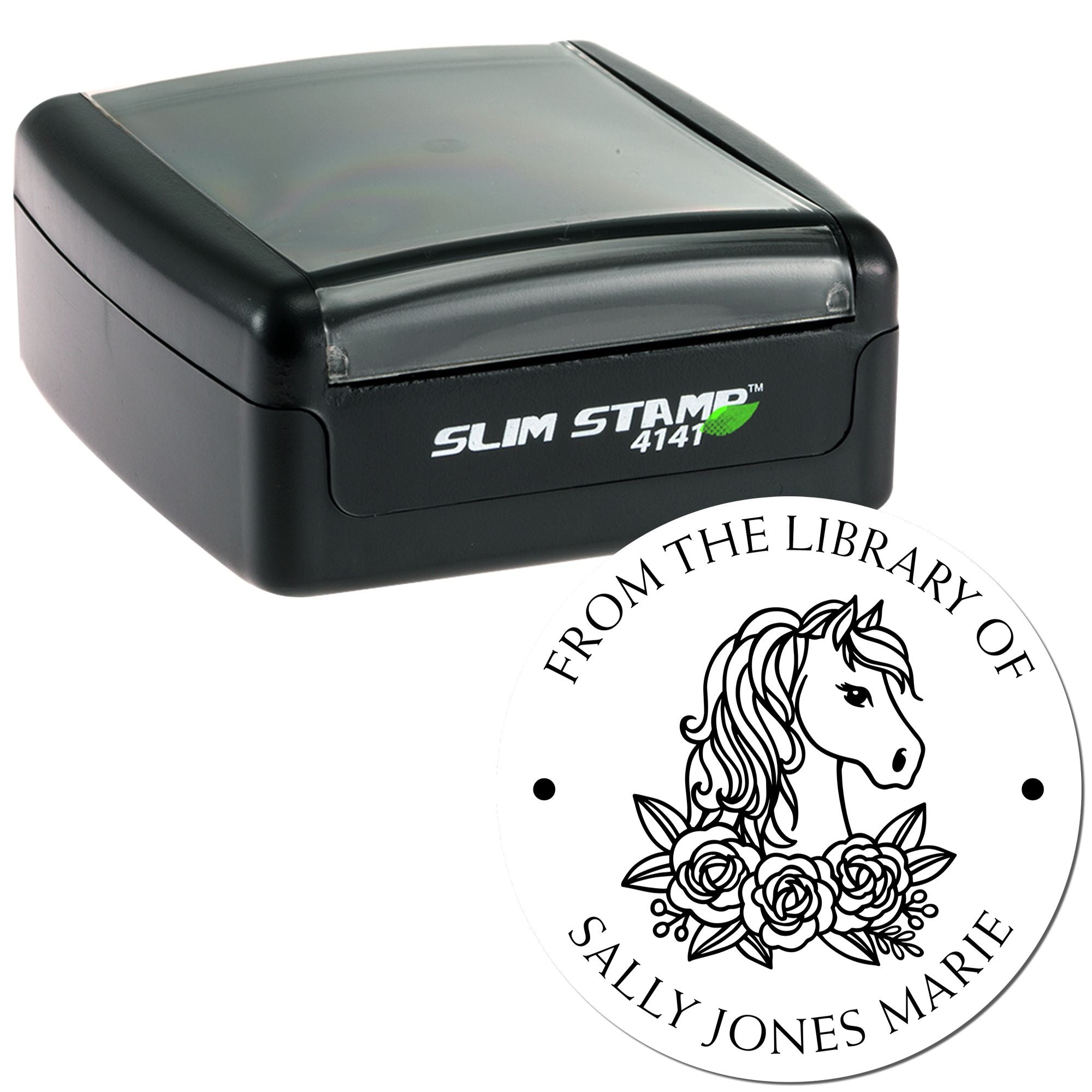 Black Slim Stamp 4141 and round custom seal with unicorn, floral design, and library text on white background.