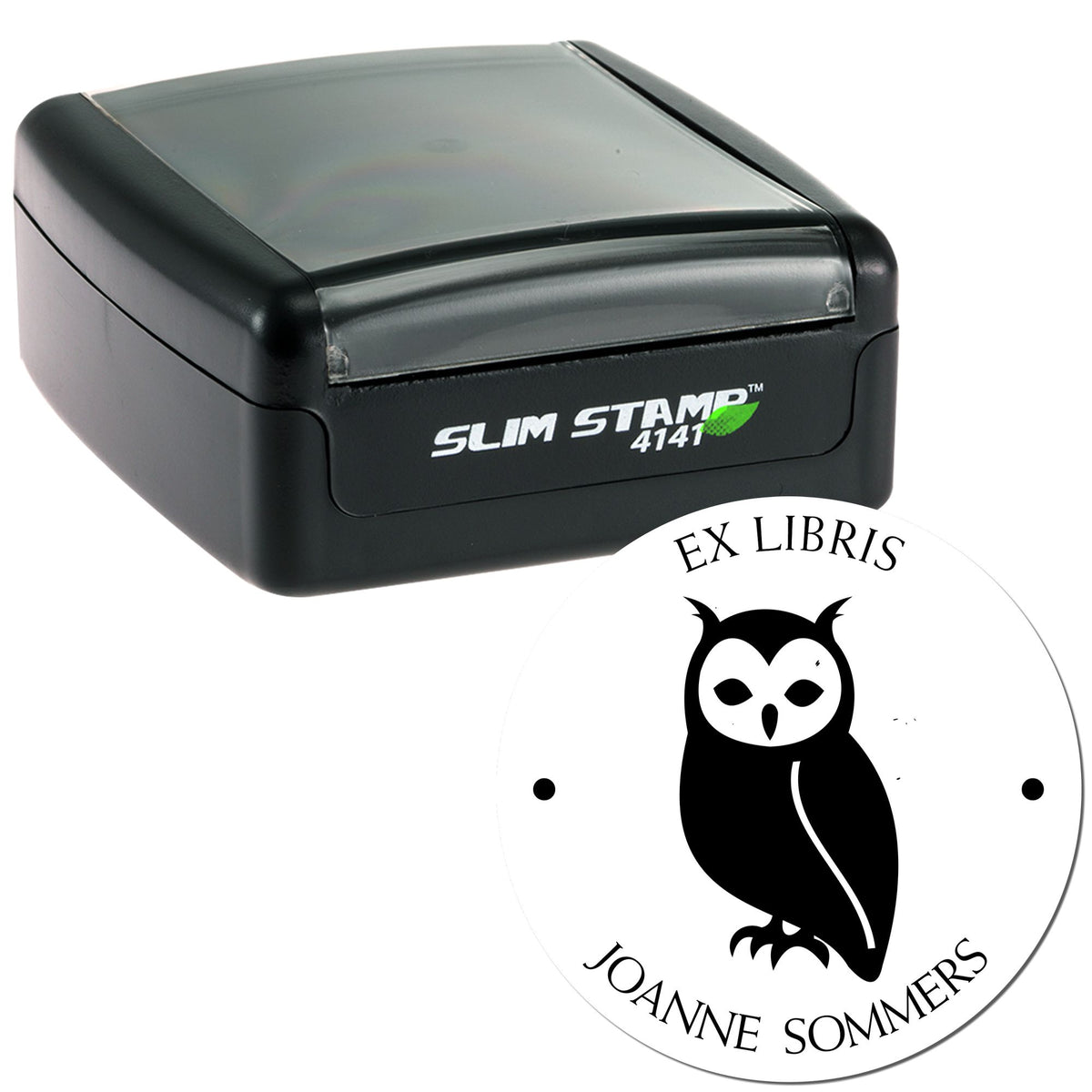 Black Slim Stamp 4141 self-inking stamp with translucent top and white owl ex libris book seal.