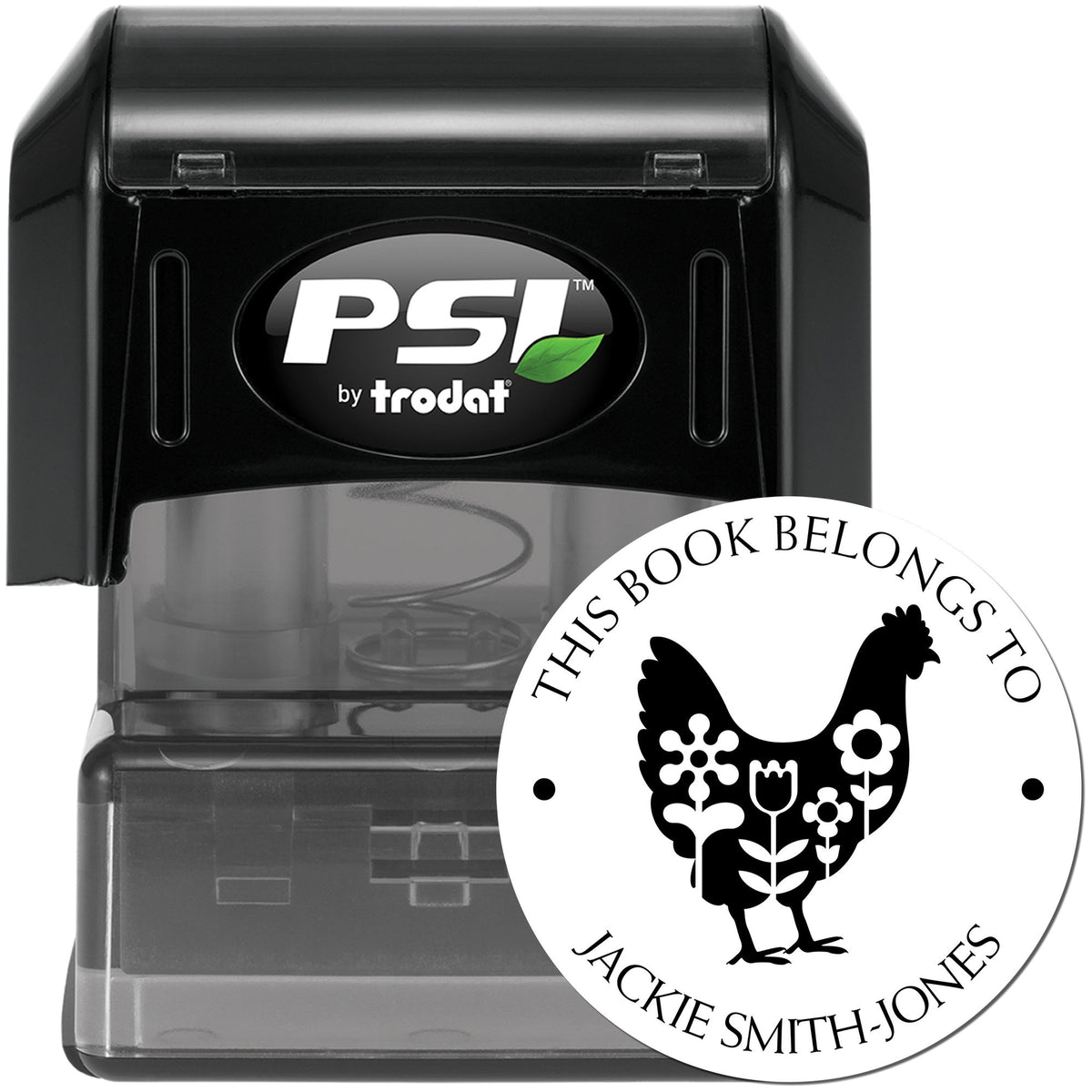Black PSI by Trodat self-inking stamp with circular custom book-belongs-to seal and chicken design