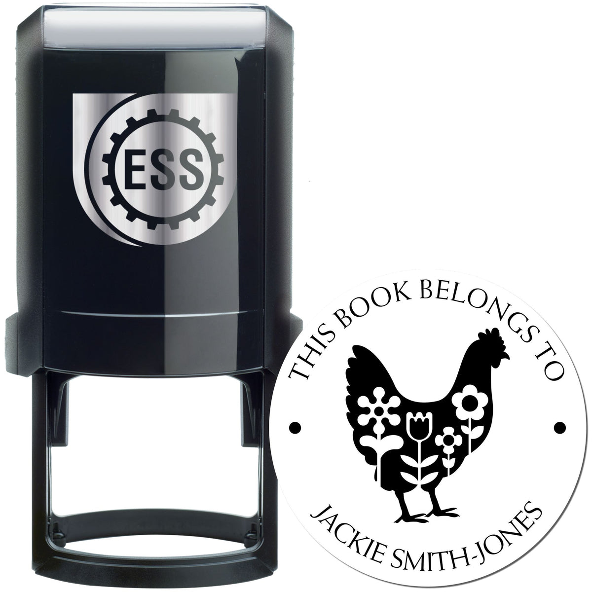 Black self-inking ESS stamp and white round book-belongs seal with chicken graphic and Jackie Smith-Jones name.