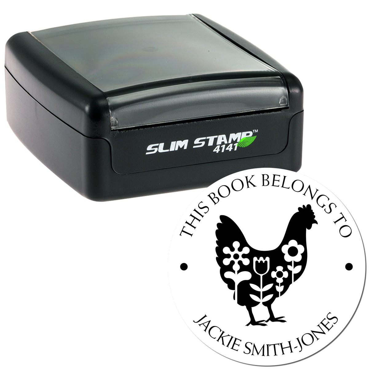 Black self-inking Slim Stamp 4141 with clear cap and white circular seal featuring a rooster and floral design.