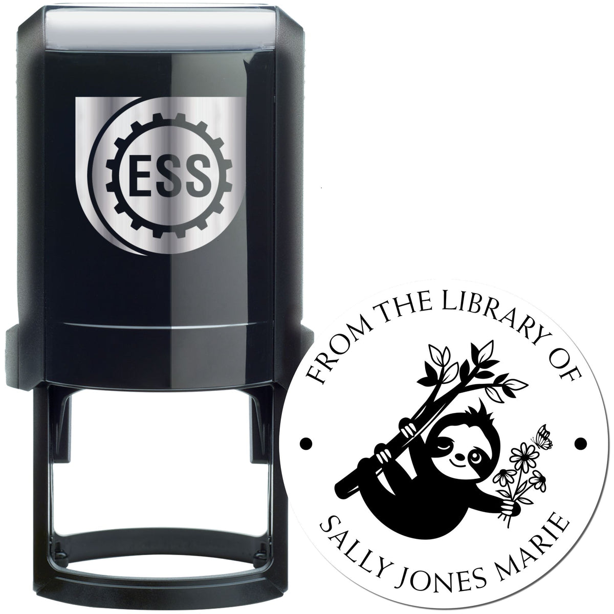 Black custom stamp and circular seal with ESS logo and a library sloth design on white background.