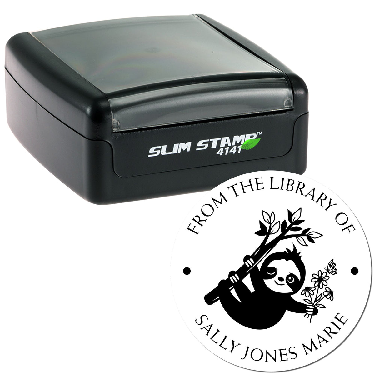 Black Slim Stamp 4141 self-inking stamp with gray top and custom round library seal for Sally Jones Marie.