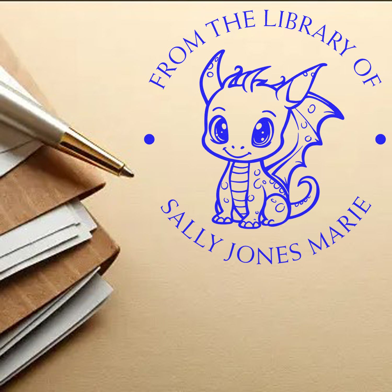 Blue custom library stamp seal with a cute dragon and Sally Jones Marie text on beige paper beside a pen and stacked cards.