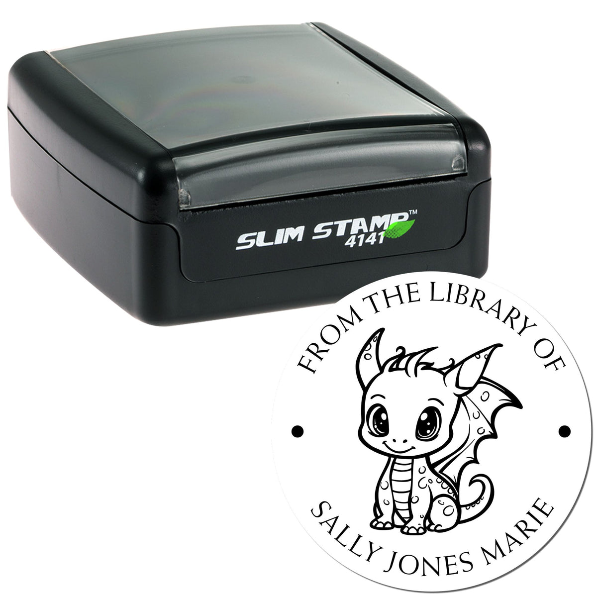 Black Slim Stamp 4141 and white circular seal featuring a cartoon dragon and library text.