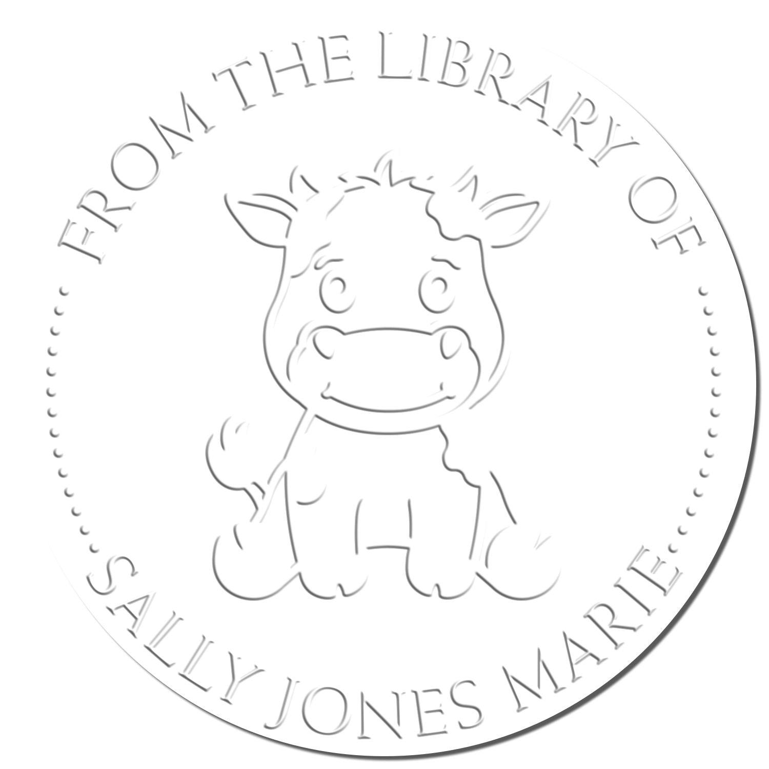 White circular embossing seal stamp with cow outline and raised text, From the Library of Sally Jones Marie.