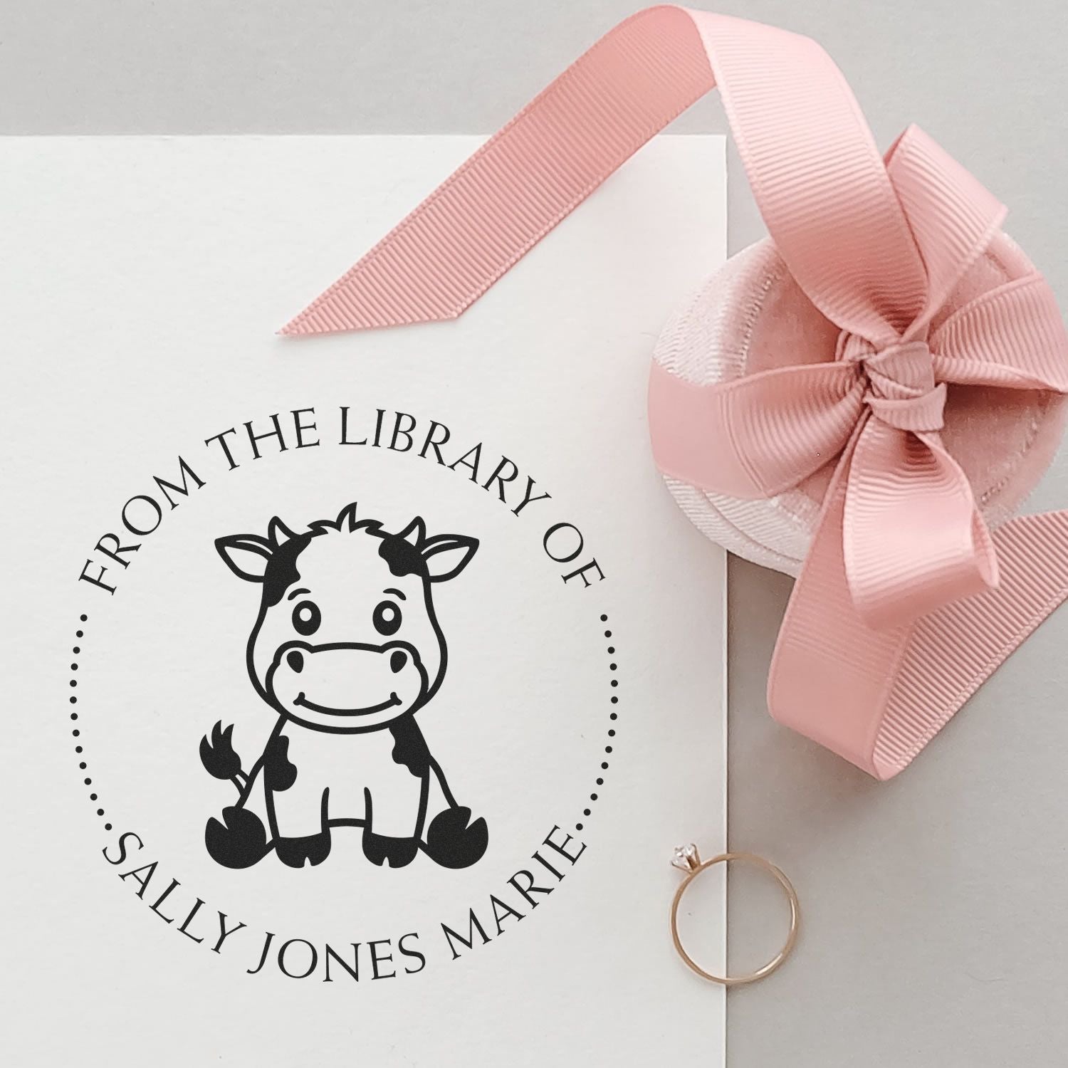 Wood Handle Cuddly Cow Custom Book Property Stamper - Engineer Seal Stamps