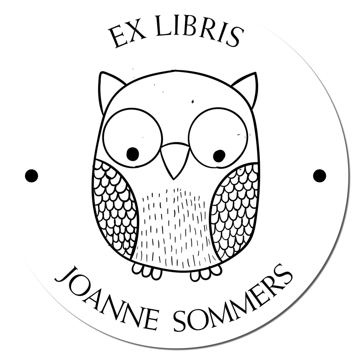 Round white ex libris bookplate stamp with black owl illustration and JOANNE SOMMERS text